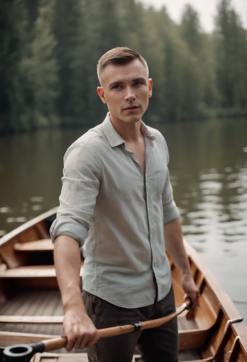 A shaved man short hair is standing in a boat, holding a fishing rod in his hands.