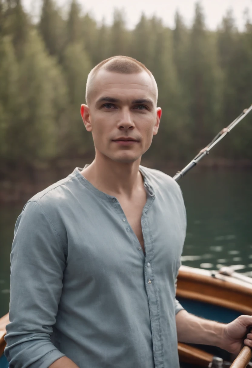 A shaved man short hair is standing in a boat, holding a fishing rod in his hands.