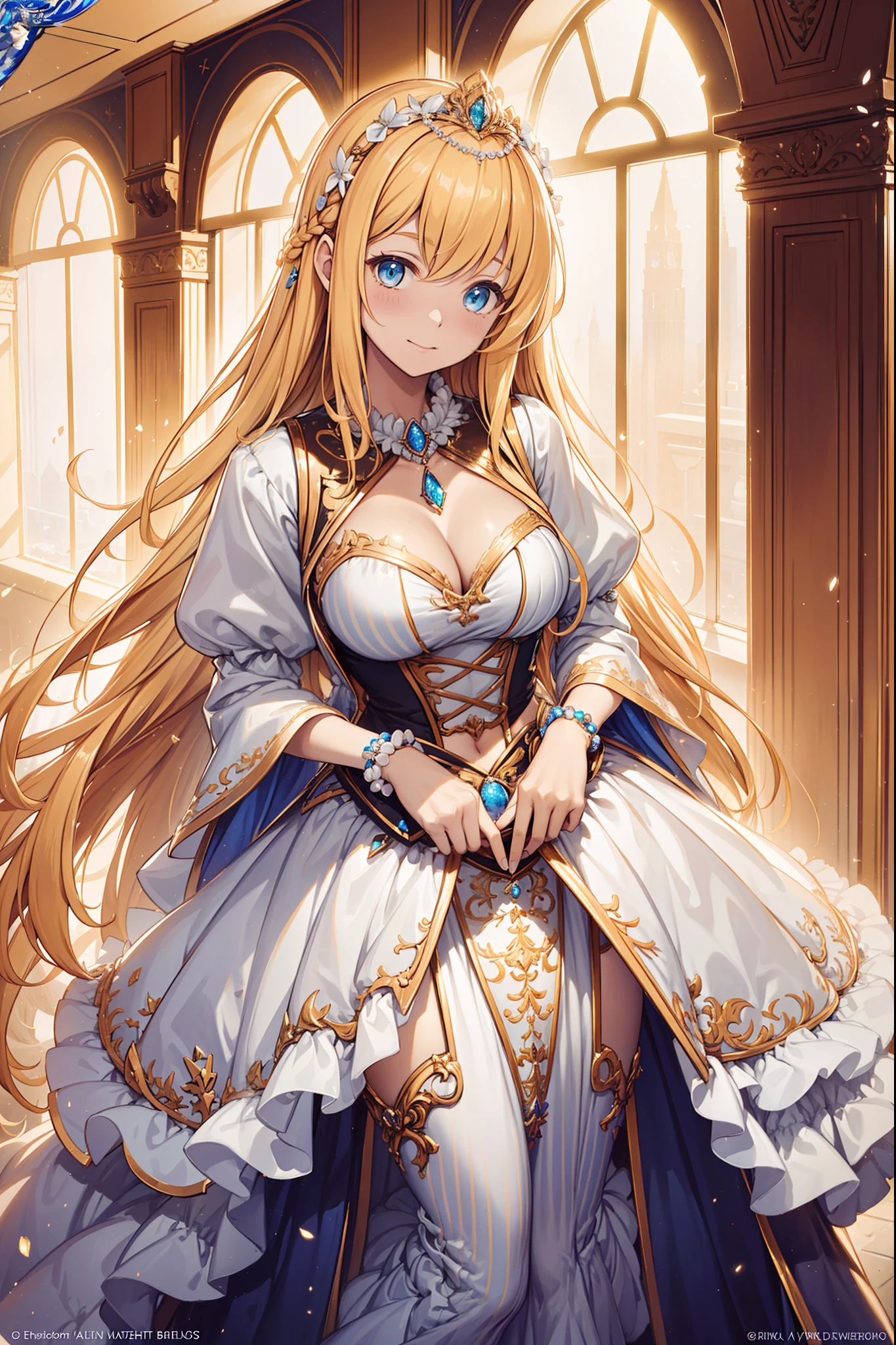 ((anime artstyle)),(Masterpiece),(Best Quality), (Super Detail),((Very Delicate and Beautiful)),(((Solo))),((full body portrait)),(((1 princess in gorgeous princess rococo ballgown with voluminous full length hoop skirt))),((crinoline)),Long train,((standing in garden)),(gorgeous gemstone jewelry),detailed face and eyes,jewel-like eyes,((large amount of straight hair,extremely voluminous Hair,Very Long Straight Hair)),((gigantic tits,Long tits)),cleavage,extremely gorgeousfull hair ornament,((bling-bling extremely gorgeousfull jeweled tiara)),((Dynamic Angle)),Looking at viewer,,flowers,flower petals flowing,(((gorgeous princess rococo ballgown with voluminous full length hoop skirt)))