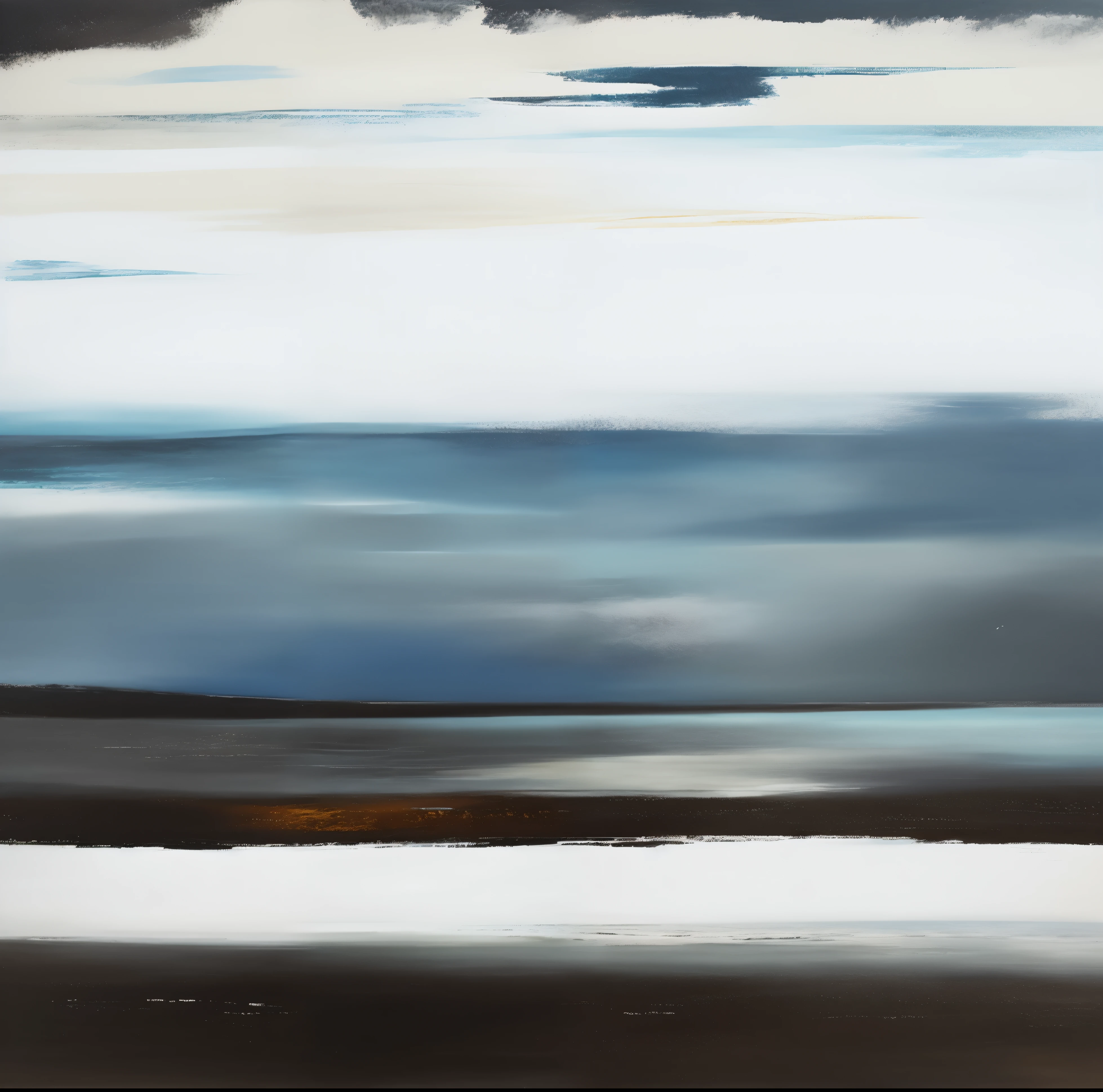 Draw a picture of the sky and water，There is a ship in the distance, abstract landscape, horizon, abstract nature landscape, shoreline, seaview, Moody painting, Inspired by Fitz Hugh Lane, calm evening, dawn, Big sky, Vast landscape, cold lights soft painting, Calm and contented painting, peaceful scenery, overcast dawn, brush stroke oil painting, serene
