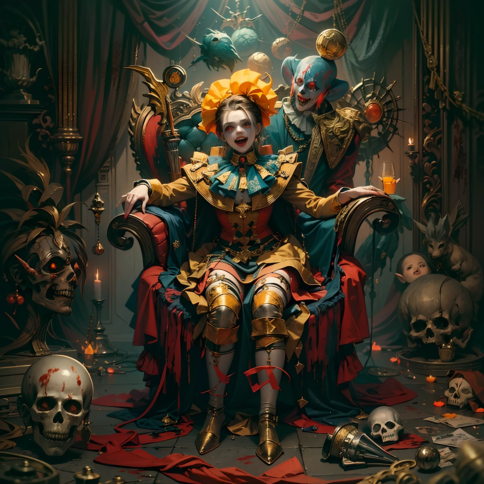Crazy clown emperor,sitting on golden throne, clown girl,Jester cap,Clown costume, mitts,Vibrant colors, burst into laughter, dark gold hair,Cute,Wavy hair, hair-bun,high-heels。 (It's all blood),Circus props, spooky ambiance, haunted background。style of surrealism, painting-like,Sharp contrast,ominous lighting,hdr,hyper HD,Studio lighting,Ultra-fine painting,Sharp focus,Physically-based rendering,Extreme detail description,professional,((Horror)).
