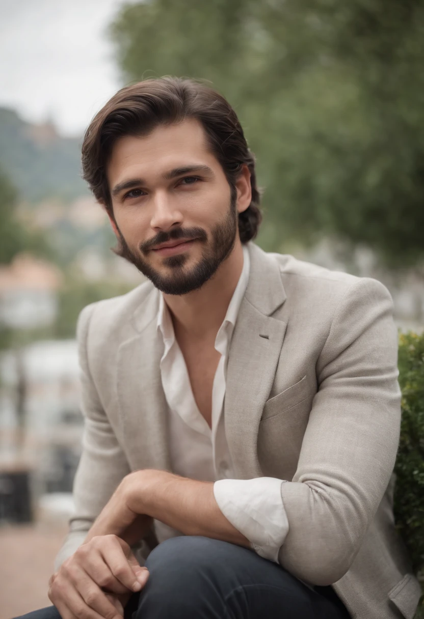 (Masterpiece:1.5, Best quality:1.2, Low quality:0.9), Granular realist photography of the 60s, The ultra-realistice,Handsome(American man)ssmile, bench, Black hair, Long beard sits on a stool,w hotel