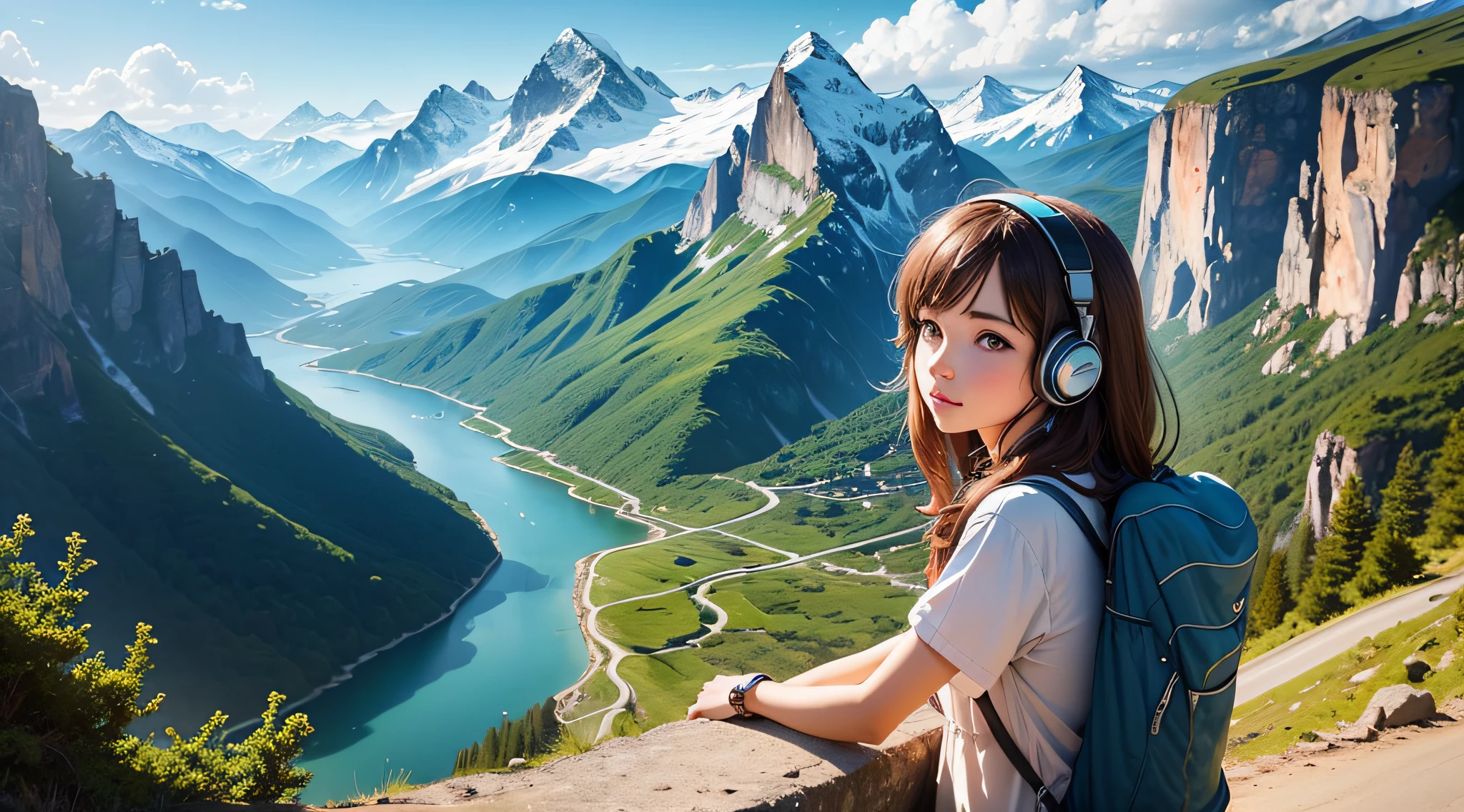 Design a captivating YouTube channel image for a travel-centered channel, personified by an adventurous 21-year-old girl wearing headphones. Craft a picturesque scene that encapsulates the beauty of a road trip through mountains and nature under a clear sky.

Position the girl in the driver's seat of a car, surrounded by the majesty of mountains, lush trees, and the vast expanse of a clear blue sky. Her headphones should be on, highlighting the connection between her love for music and her passion for travel.

Incorporate elements that emphasize the natural beauty of the landscape – winding roads, the play of sunlight on the mountains, and the serene calm of nature. The image should convey a sense of freedom, exploration, and awe-inspiring scenery.

Include the channel's name, 'Soundscapes & Journeys,' in a font that seamlessly integrates with the image's overall ambiance, creatively placed within the design.

The image should evoke a strong sense of wanderlust, the joy of travel, and the idea that music enhances the adventure. It should inspire viewers to embark on their own journeys, taking in the scenic beauty and melodies of the road, just like the girl on her mountainous drive with her headphones.