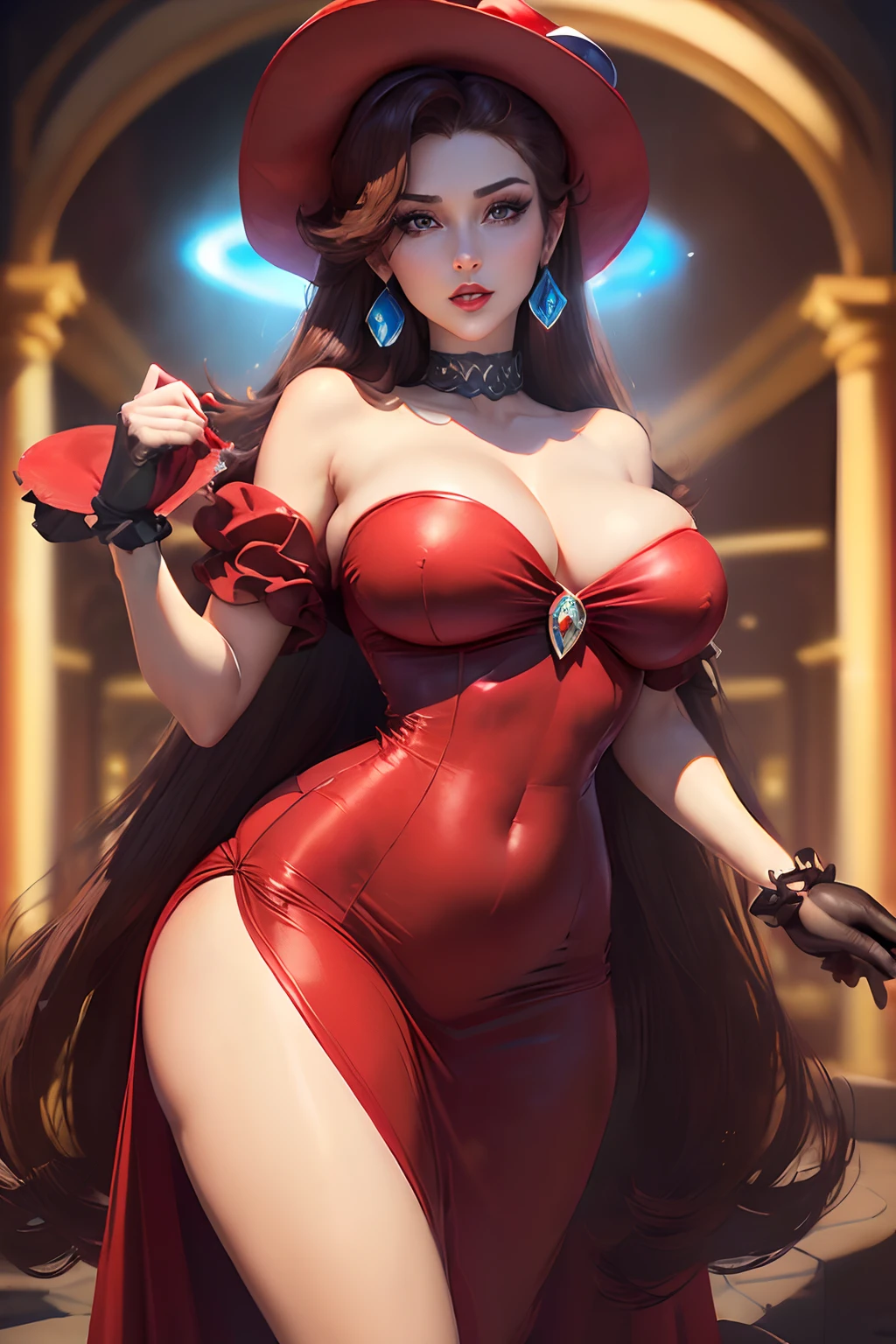 ((Pauline from super mario bros series))(she has big glowing blue eyes)(bright red lips) (((long brown hairstyle)))(dark eyeshadows make up)((very huge breasts)) (perfect slim body) ((wear red dress), ((elegant long wing hat)) ((posing sexy in mayor ofice))(masterpiece, high definition, volumetric lights and dinamic shadows)((masterpiece))(8k)(perfect face)(ultra details) (perfect hands, eyes, and face)