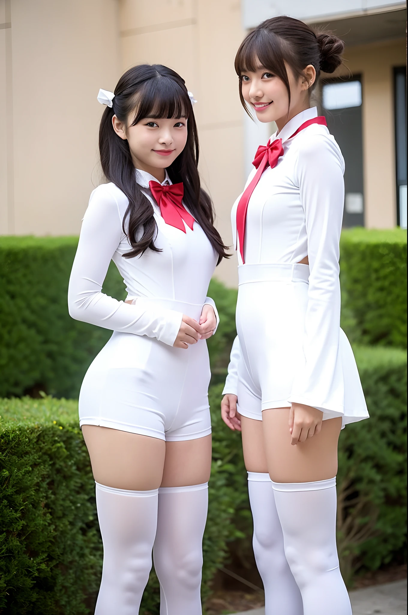 2 girls standing in school yard,long-sleeved and seemless white jumpsuit style unitard with long compression shorts and long leggings,red bow tie,hair bow,18-year-old,bangs,a little smiles,thighs,crotch,knees,short cut hair,ponytail,from below