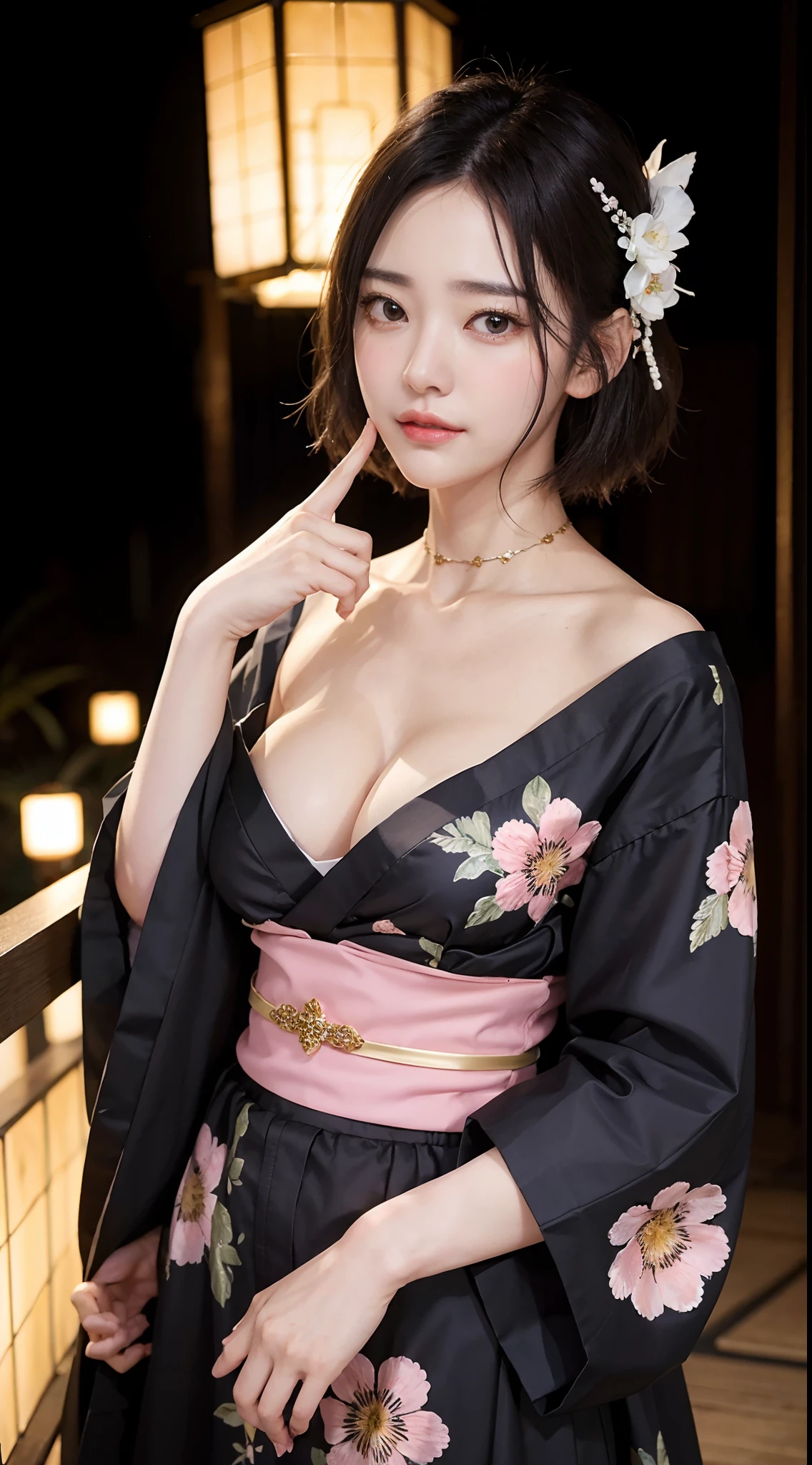 1, Realistic, raw, masutepiece, 8K Photorealistic, A dark-haired, wind blown hair, Black kimono, Big Breast, Detailed finger, Detailed face, Natural Skin Texture, Standing, Night, Lantern background、A smile、short-hair、Standing like a model、Facing the front、Loose and fluffy hair、Perm Hair、Emphasize cleavage、Floral costume、sexy facial expression、sexy pose、Eroi、hair adornments、kanzashi、hair arrange