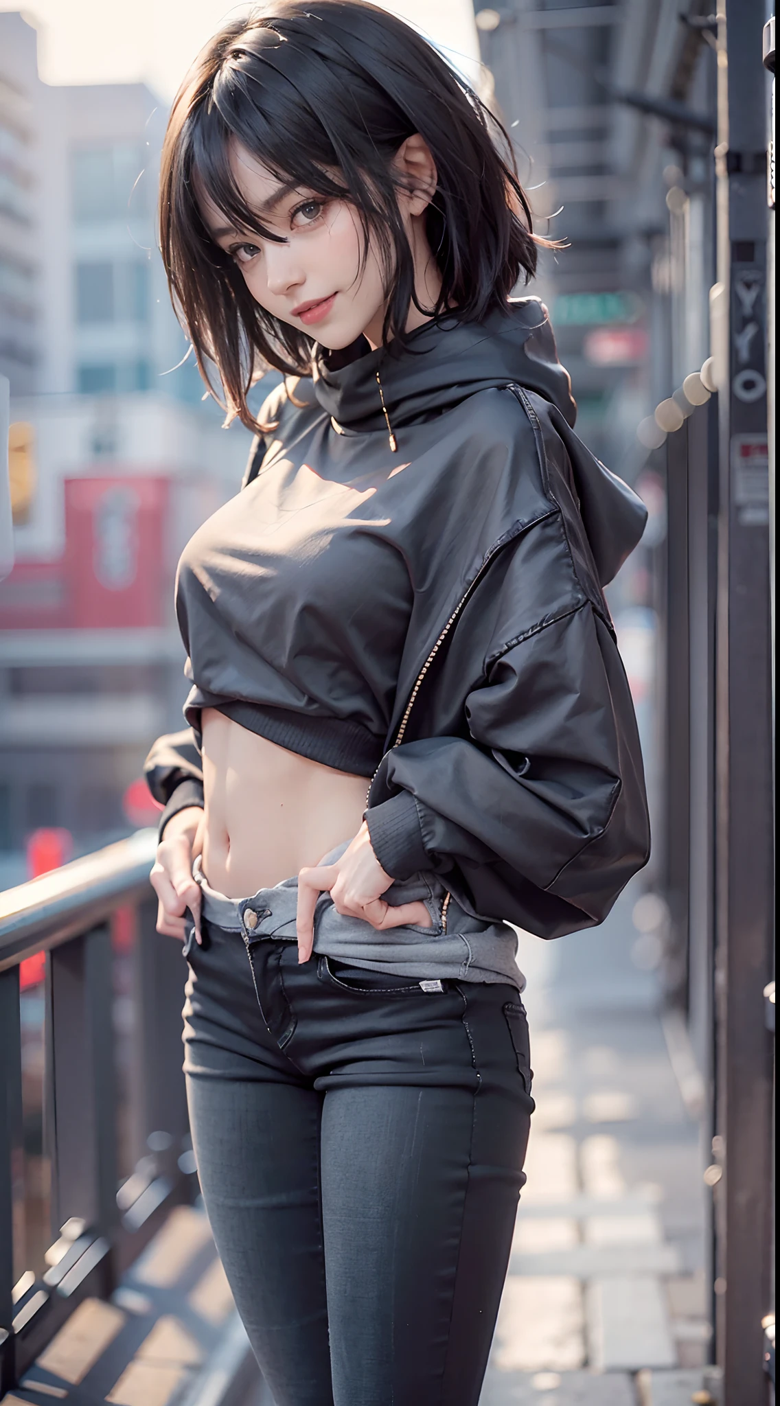 Sunnyday, ((Black skinny long jeans)), ((Sweatshirt)), A city scape, (NSFW), 1womanl, Solo, 24 year old, 7headed body, (cute face), (Ideal ratio body proportions), (Composition from head to thigh), Smiling smile, erectile nipple, Sexy body, Wet, short-hair, Dark hair, small tits, A slender, Small buttocks, beauty legs, Skinny Legs, surrealism, Cinematic lighting, depth of fields, One-person viewpoint, F/1.8, 135 mm, nffsw, masutepiece, ccurate, ((Anatomically correct)), Textured skin, Super Detail, high details, High quality, awardwinning, Best Quality, hight resolution, 8K