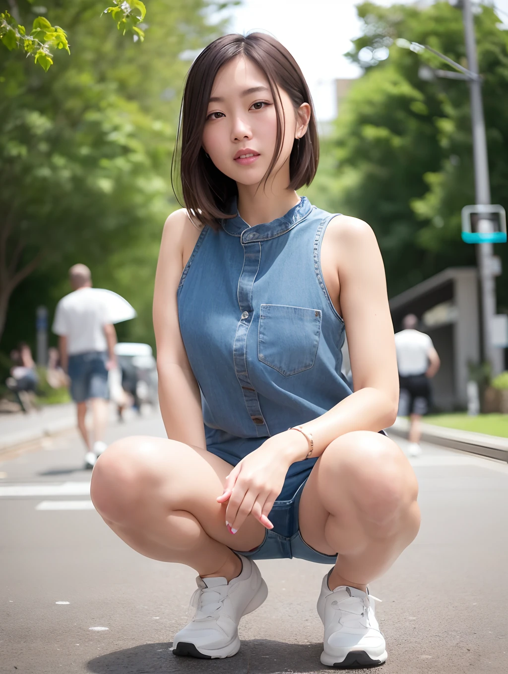 Tank Tops、a beauty girl、photorealistic picture、Photo like image quality、Photorealistic face、Realistic body、detailed skin textures、A hyper-realistic、Top image quality、An ultra-high picture quality、 Squatting on the ground、The seduction of legline beauty、Sidewalk in the shopping street、The whole body is shown、Very short denim shorts、Shorts that only pass from under the hipbone to the base of the thigh、Ultra Low Bottom Shorts、Visible from face to ankle、see the beholder、opening legs、Open legs、Open crotch