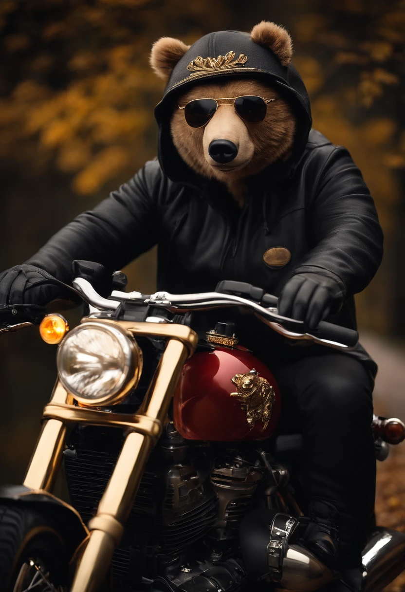 bear with motobike, wearning fullface hat, 3d, gold