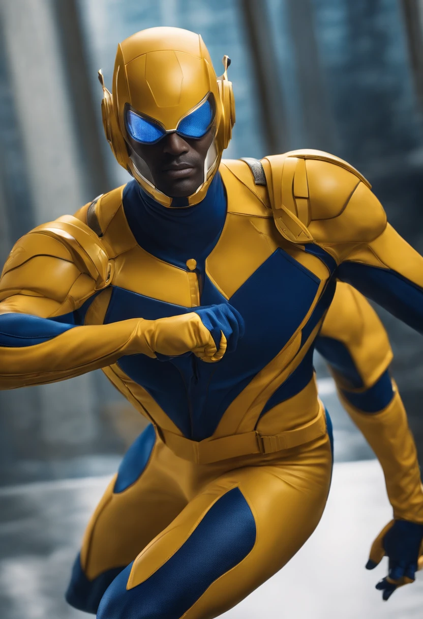 Male super hero, Mosquito Theme, Deep blue and golden suit color, helmet,marvel yellow jacket based, full body model