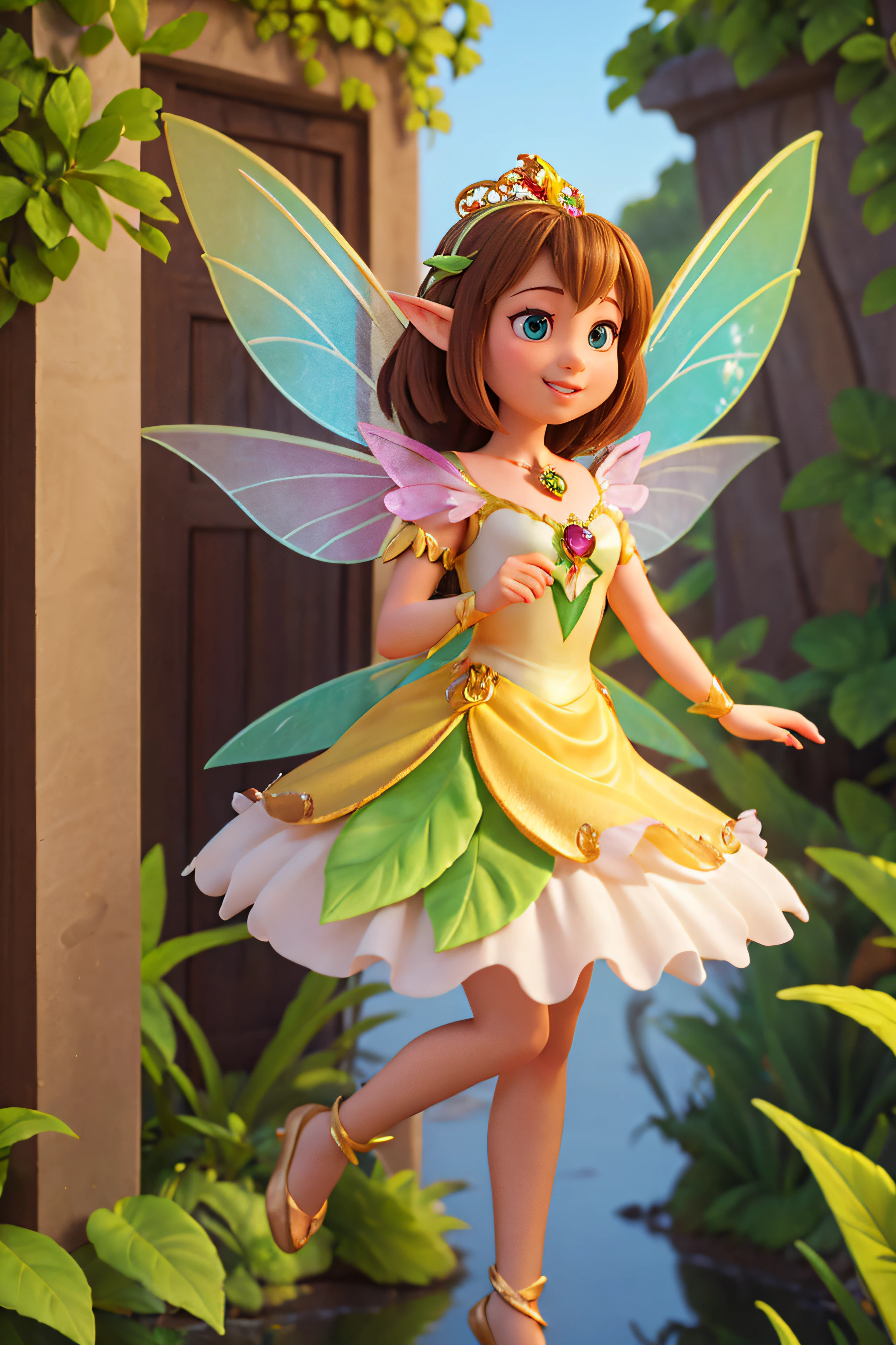 Cartoon fairy with yellow dress and wings flying in the air, stunning 3d render of a fairy, beautiful adult fairy, Beautiful fairy, portrait of fairy, beautiful adult fairy queen, pixie character, Fairy, brunette elf with fairy wings, beautiful and elegant elf queen, portrait of fairy princess, brunette fairy woman, smiling as a queen of fairies, beautiful fairie