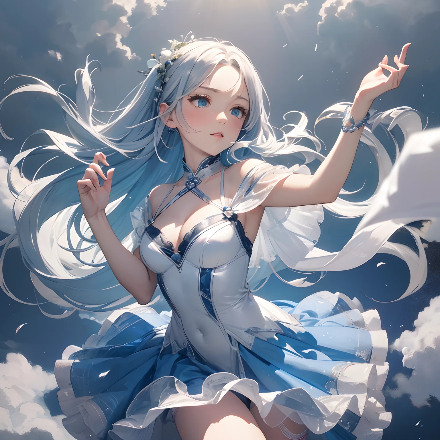 (8k, best quality, masterpiece: 1.2) sketch, plaster head, super delicate, acade
 painter,  Beautiful icelandic woman, Silver Blue and white ballerina dress,dancing in the clouds, digital illustration, chibi , music symbols fling in the air among the tones