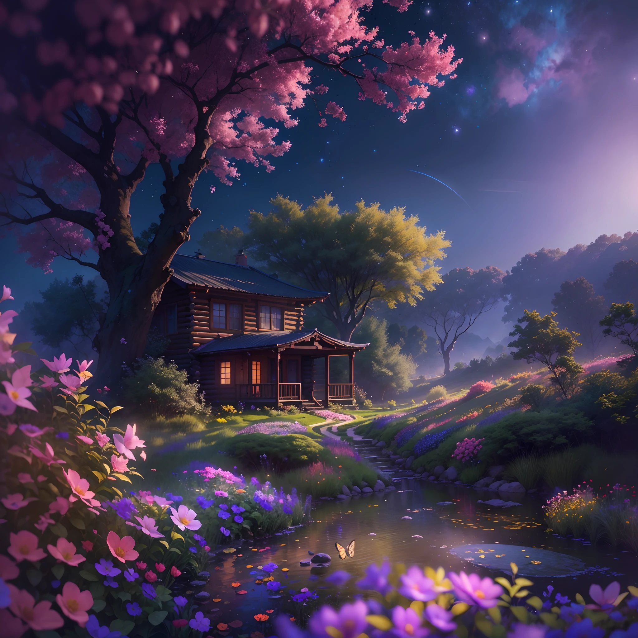 nigth，mont，Rose garden,Skysky，the space，starrysky,galaxias，(depth of fields)，Light，Mist，the cherry trees，log cabin,Reallightandshadow，painting-like,Ethereal atmosphere,Vibrant colors,cinematic compositions，dream magical，hoang lap，Particle effect，diffused reflections，waterfallr，Colorful flowers,Butterflies dancing,Dreamy and whimsical,Peaceful and charming,vibrant with colors,painting coming to life,Totally mesmerizing and fascinating,Simply breathtaking.(Best quality,4K,8K,A high resolution,Masterpiece:1.2),Ultra-detailed,(Realistic,Photorealistic,photo-realistic:1.37),