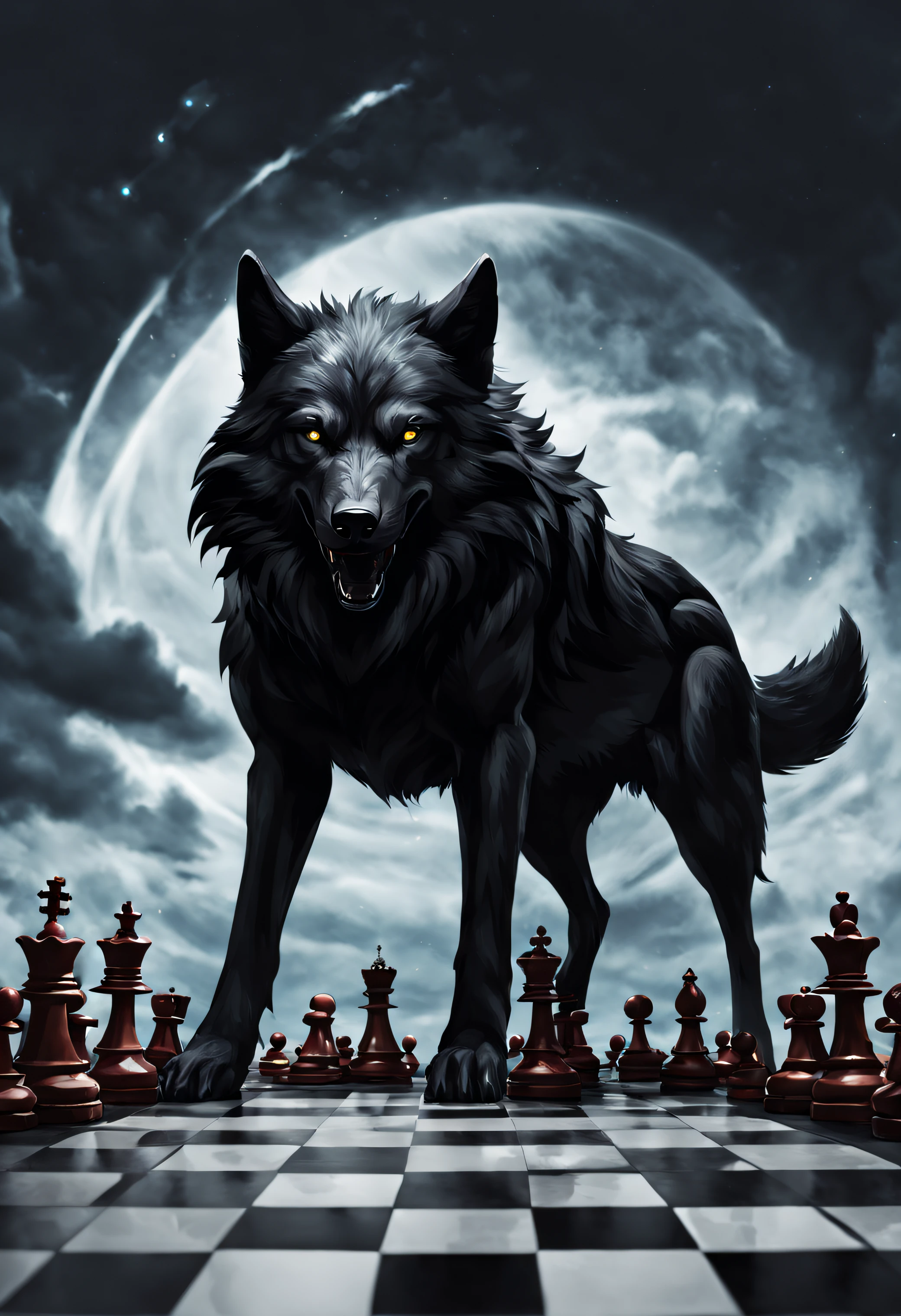 giant black wolf on an infinite chessboard, black sky