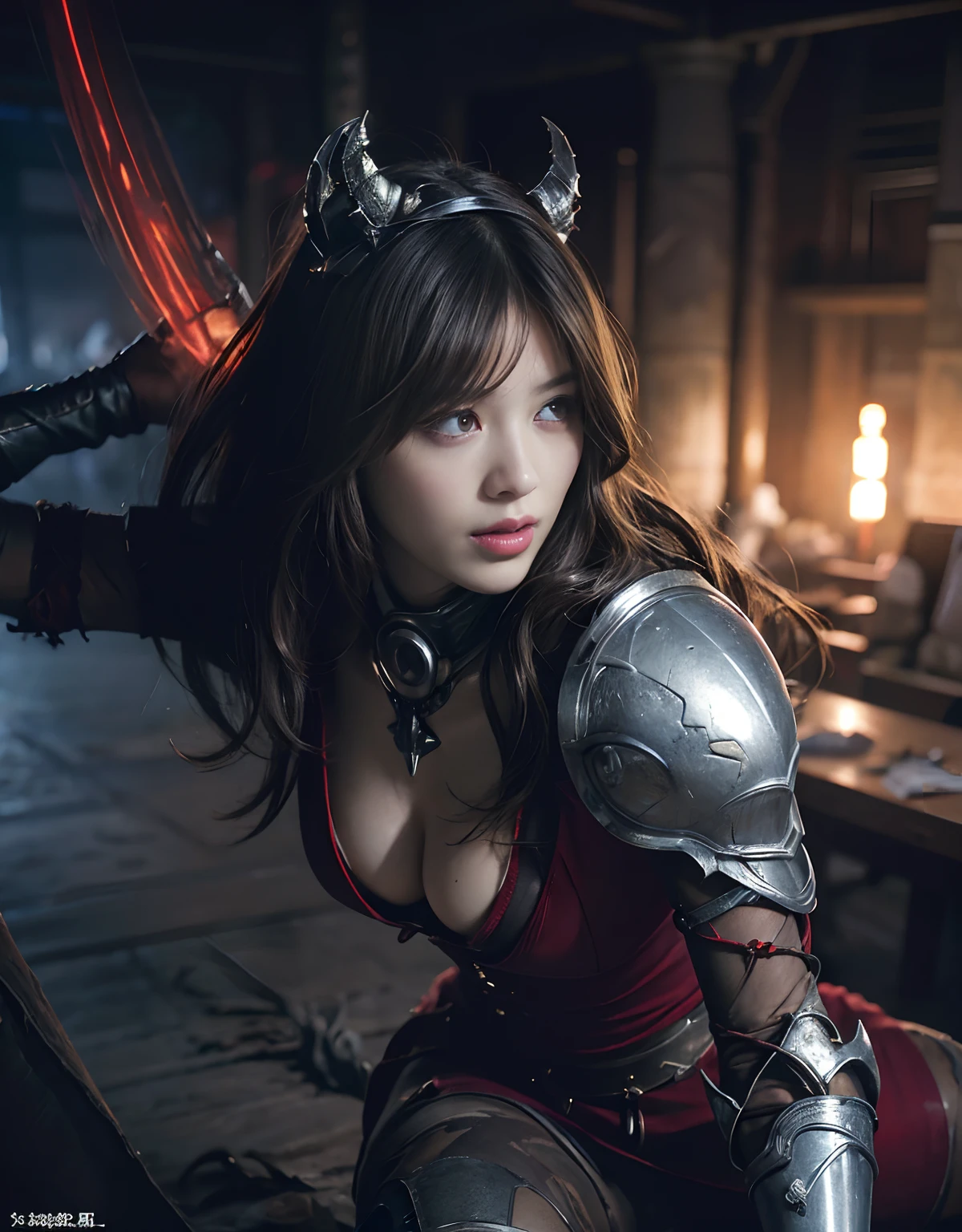 (One Knight Girl)、top-quality、masterpiece、超A high resolution、(Photorealsitic:1.4)、Raw photo、1人、Fight mutants、(Wear the Dark Knight's Armor)、glowy skin、(((Dark Fantasy)))、With a beautiful sword and shield、(Silver Metal Bodysuit)、(Kobold、ogre、Fierce battle with orcs),(Fight fiercely against aliens)、Fight fiercely、(Background of decaying dungeon ruins)、(Knight's helmet)、(Fighting Demonic Beasts)、(Small LED)、((super realistic details))、portlate、(Strong giant demon beast background),globalillumination、Shadow、octan render、8K、ultrasharp、Colossal tits、Raw skin is exposed in cleavage、metals、Details of complex ornaments、Japan details、highly intricate detail、Realistic light、(Mystical expression),CGSoation Trends、Red Eyes、radiant eyes、Facing the camera、neon details、(Mechanical limbs)、(blood vessels connected to tubes)、()、Gundam、Small LED、Toostock、()、(Attack of the Monster Beasts)、(Wounded in a deadly battle)、