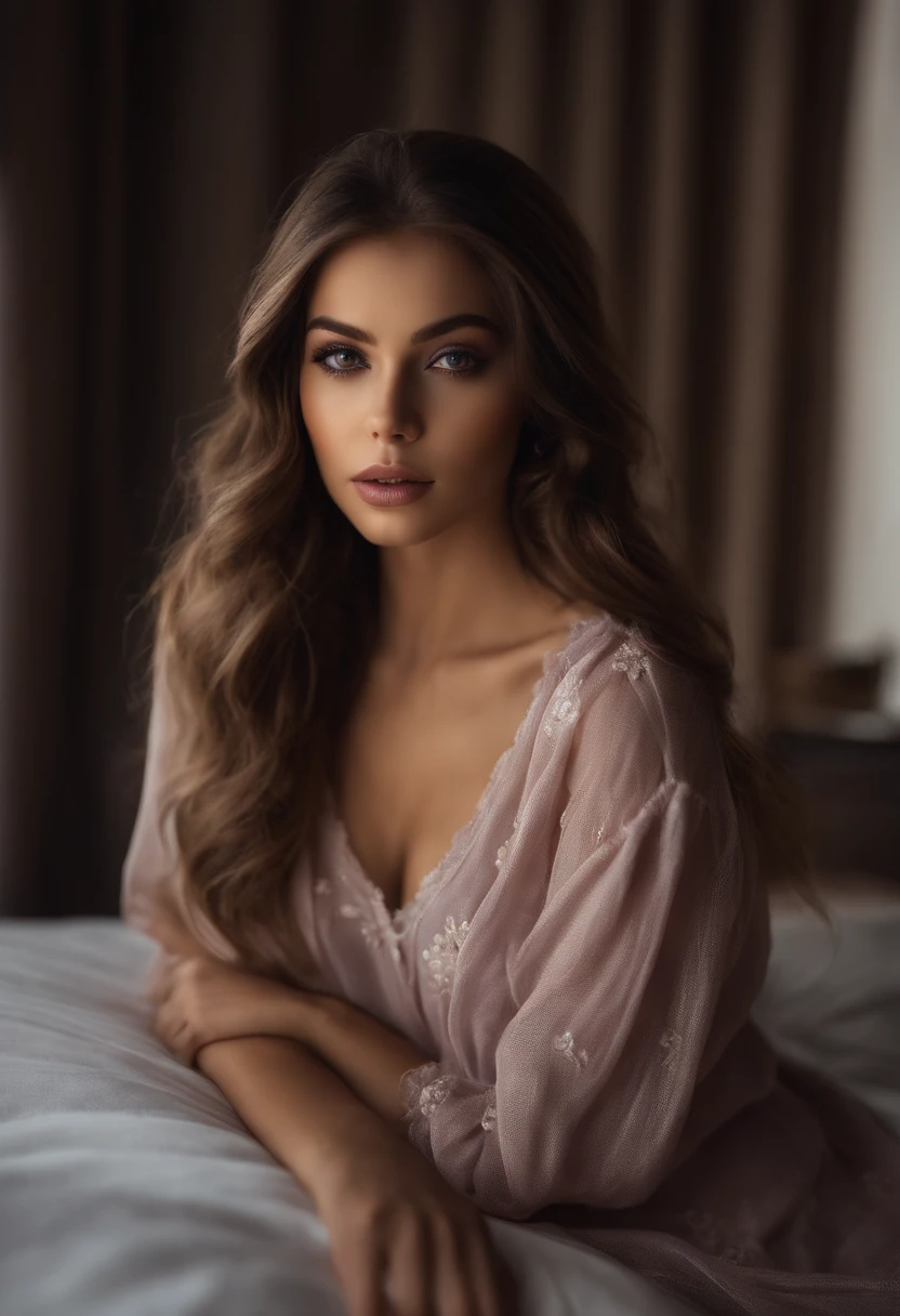 Latina woman completely , fille sexy aux yeux bruns, ultra realist, Meticulously detailed, Portrait Sophie Mudd, cheveux bruns et grands yeux, selfie of a young woman, Yeux de chambre, Violet Myers, sans maquillage, maquillage naturel, looking straight at camera, Visage avec Artgram, Maquillage subtil, Great photo of the whole body kneeling on the bed, dans la chambre, Medium to large bust