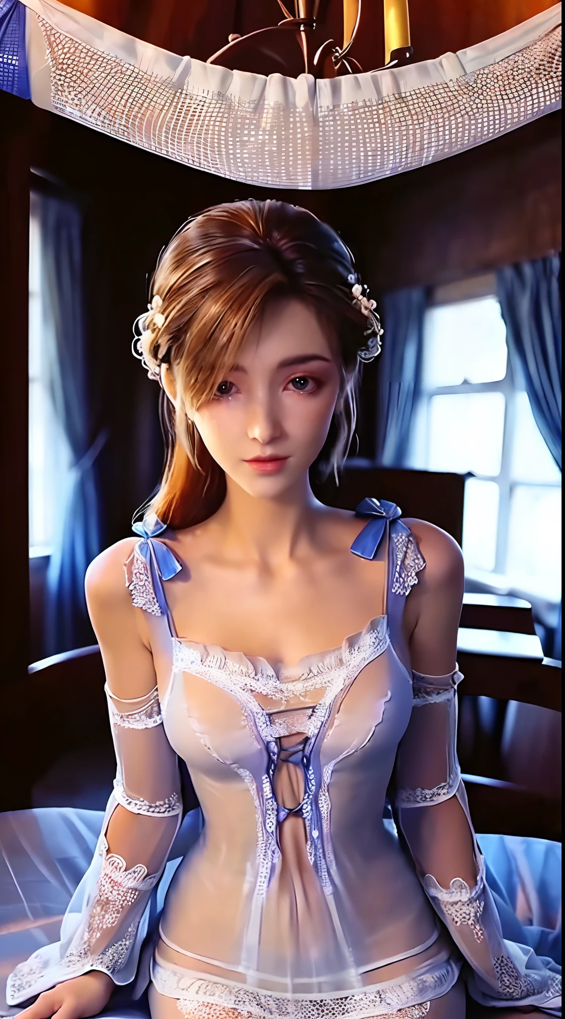 "1 beautiful girl, (((wearing a super sexy white transparent nightgown:2)), ((see-through nightgown that hugs the girl's body:2)), low slit, (((long chestnut hair:0.8))), most detailed and beautiful hair jewelry, mold most beautiful and flawless face, ((black eye pupils:0.8)), very beautiful eyes, big round eyes, ((brown eyes:1.1)), beautiful and detailed makeup eyelashes, nose tall, earrings, small red lips, rosy face, clean face, flawless beautiful face, smooth white skin, ((large breasts: 0.9)), Blums breasts, ((chest big and super round: 0.9)), ((super tight breasts: 1.2)), ((breast augmentation: 0.8)), beautiful breasts, slim and petite body, ((thin waist: 0, 9)), upper body of a beautiful girl, sexy girl, ((sitting position, leaning forward with arms in front and chest out: 1.6)), 8k photo, super high quality, surreal, 10x super pixels, realistic photo, dark studio, background bright, two-tone light, (high detail skin: 1.2), 8k uhd, soft light, high quality, volumetric light, realistic, High resolution photo, light, best photo, quality 4k, 8k, smooth and sharp, increased pixels by 10 times, super graphics, most realistic graphics, (((luxurious bedroom and bed background: 1.6))), 1 girl, alone, solo, ((portrait:1.2)), Extremely sharp, super realistic images."