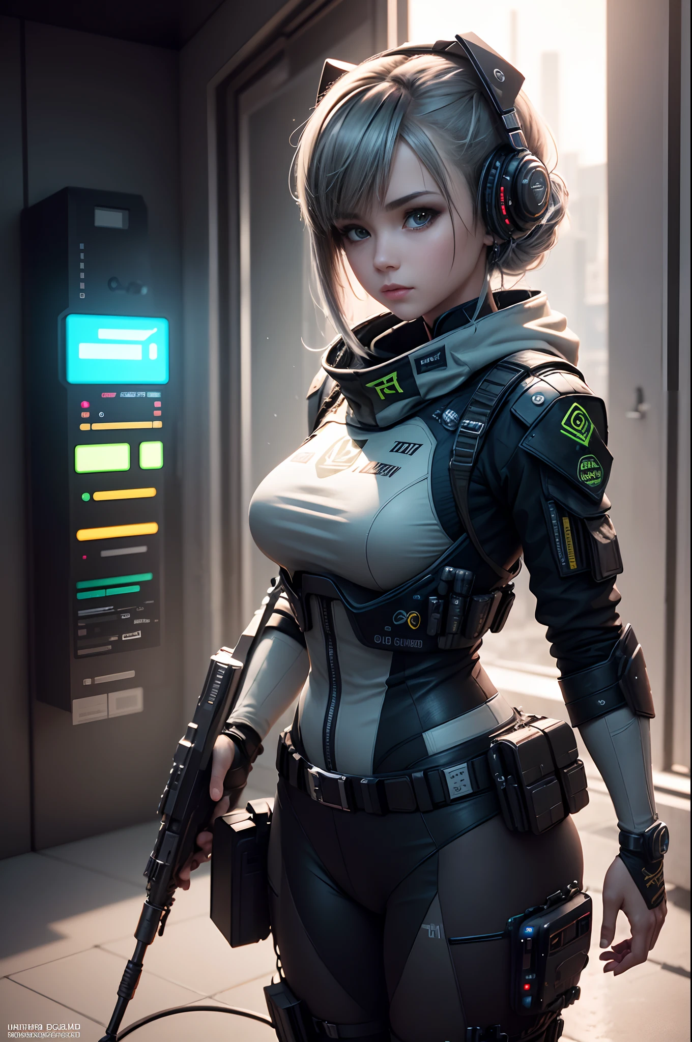 ((best quality)), ((master part)), (High detail:1.3), ..3d, machine gun in hand, Beautiful (Cyberpunk:1.2) 5 Special Forces, Robbot, Mulher com cabelo grosso e fofo (camuflar_uniforme:1.1), bullet proof vest, capa de chuva, digital (camuflar: 1.3), HDR (high dynamic range), ray tracing, NVIDIA RTX, Ultra high resolution, irreal 5, Subsurface scattering, Textura PBR, Post-processing, anisotropic filtering, profundidade de campo, Maximum Sharpness and Sharpness, Texturas multicamadas, Albedo and reflection maps, surface shading, Precise simulation of light-material interactions, Ideal aspect ratio, octane rendering, bicolor lighting, grande abertura, ISO baixo, White balance, rule of thirds, 8K BRUTO, Subpixels efetivos, Subpixel convolution,