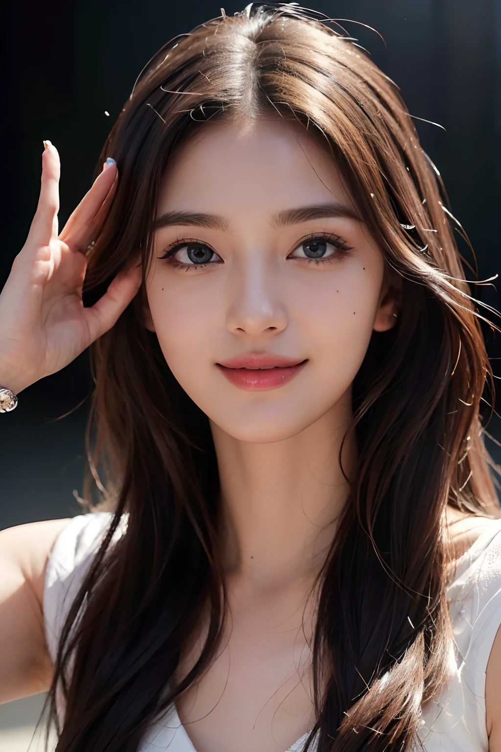 (Best Quality,4K,8K,hight resolution,masutepiece:1.2),Ultra-detailed,Realistic,Beautiful woman,Detailed eyes,Detailed lips,extra detailed face,long eyelashes,Luxury shopping malls,Latest Fashion Items,Happy smile,(saluting),Vivid colors,Studio Lighting