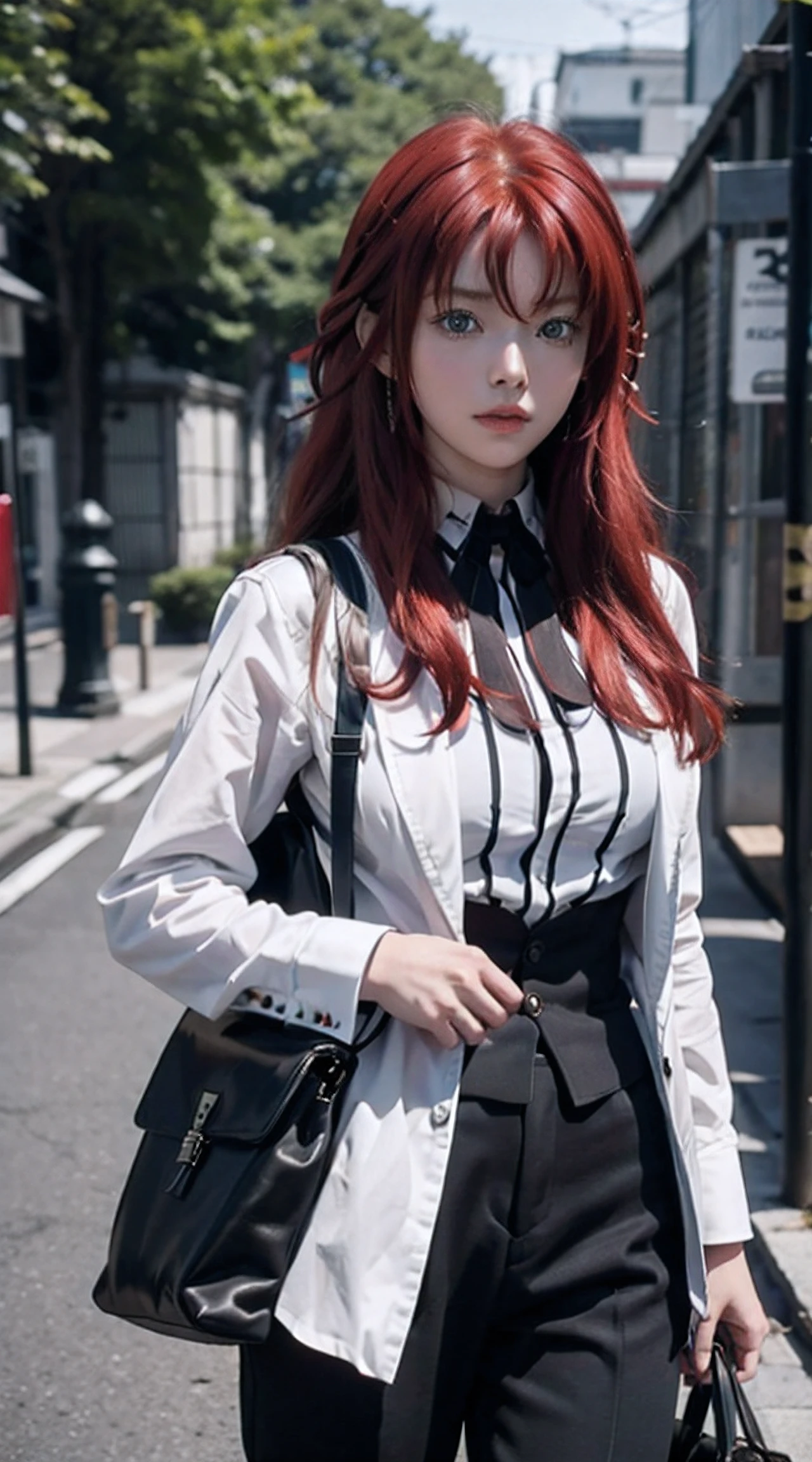 rias gremory, red hair, long hair, blue eyes, perfect body, perfect breasts, wearing a white formal shirt, black blazer, black trousers, carrying a bag, wearing a watch, wearing earrings, in public, being in Tokyo city , being on the street, looking at the viewer, a slight smile, realism, masterpiece, textured skin, super detailed, high detail, high quality, best quality, 1080p, 16k