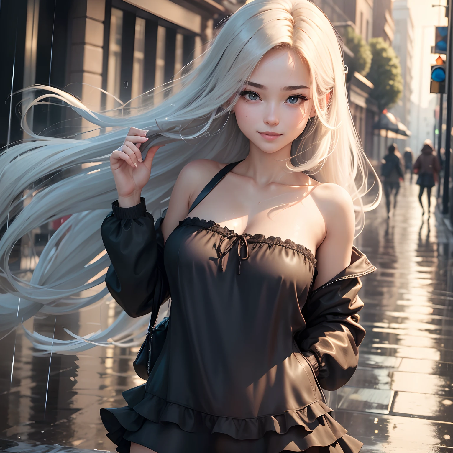 ((Best Quality, 8k, Masterpiece: 1.3)), Focus: 1.2, Perfect Body Beauty: 1.4, Buttocks: 1.2, ((Layered Haircut, Flat Chest: 1.2)), (Rain, Street:1.3), Bandeau Dress: 1.1, Highly Detailed Face and Skin Texture, Fine Eyes, Double Eyelids, Whitened Skin, Long Hair, (Shut Up: 1.3), Full Body
