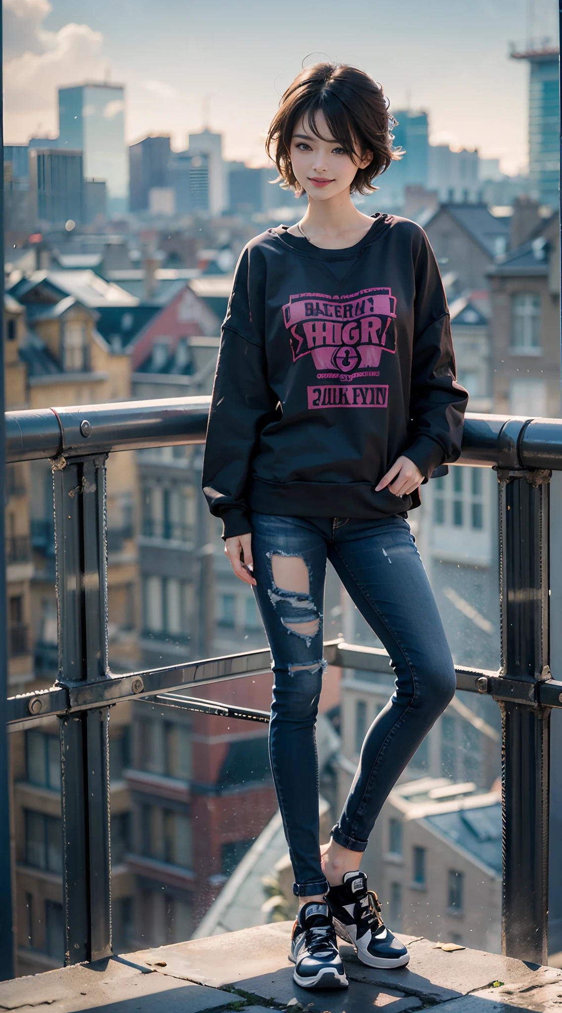 Sunnyday, ((Black skinny long jeans)), ((Sweatshirt)), A city scape, (The FW), 1womanl, Solo, 24 year old, 7headed body, (cute  face), (Ideal ratio body proportions), (Composition from head to thigh), Smiling smile, erectile nipple, Sexy body, Wet, short-hair, Dark hair, small tits, A slender, Small buttocks, beauty legs, Skinny Legs, surrealism, Cinematic lighting, depth of fields, One-person viewpoint, F/1.8, 135 mm, nffsw, masutepiece, ccurate, ((Anatomically correct)), Textured skin, Super Detail, high details, High quality, awardwinning, Best Quality, hight resolution, 8K