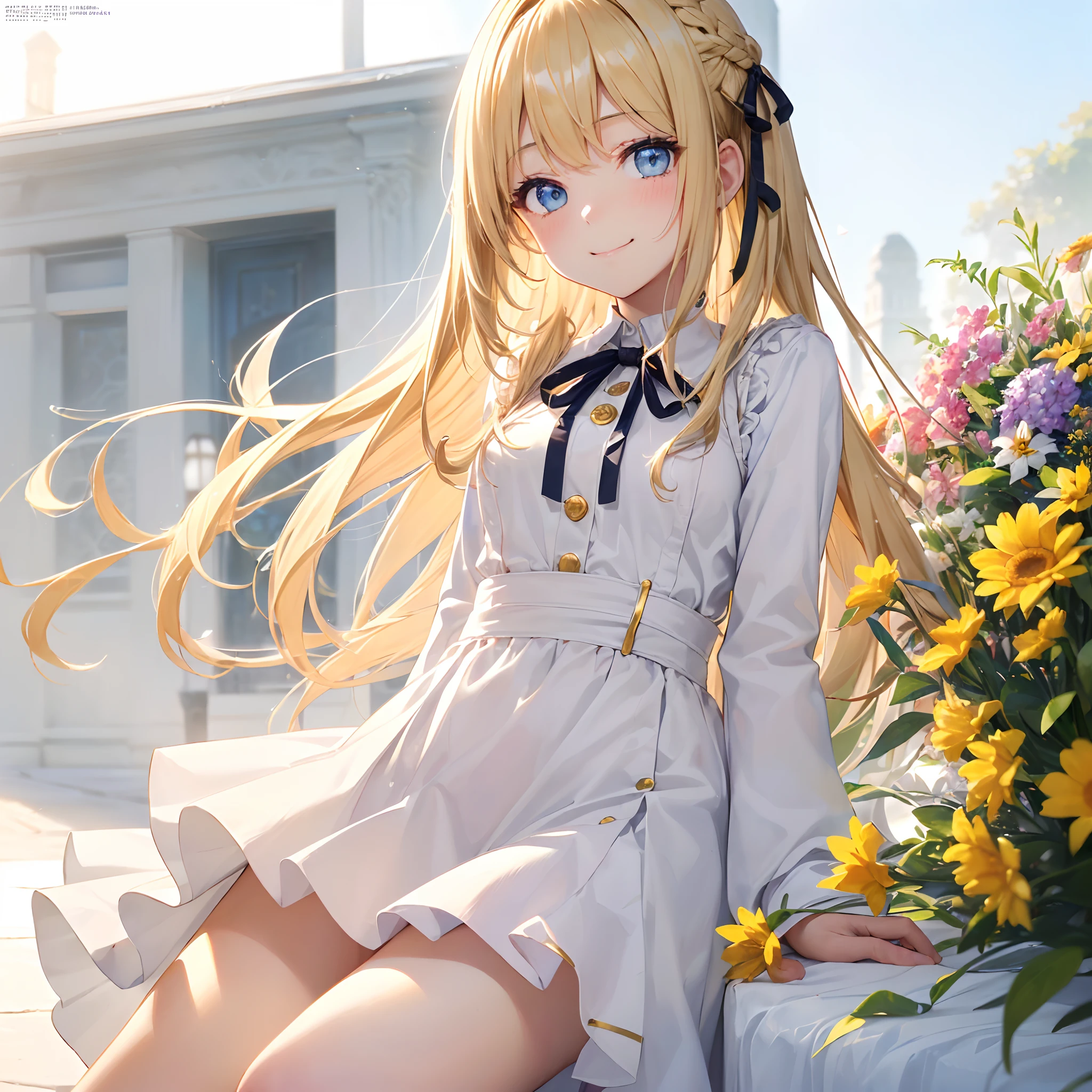absurderes, ultra-detailliert,bright colour,(in 8K:1.3),masuter piece,extremely beautiful detailed face and eyes, 25 years old,(Smooth straight blonde hair:1.3), (Shiny hair:1.2), Delicate beautiful face, red blush、(Deep Blue Eyes:1.3),(Black pinafore dress, Neck ribbon, White blouse, 4 Gold Button, 13-year-old girl, Approach the viewer from the crotch on the side, long-sleeve、Very long hair, french braids, Straight hair, hime-cut, Closed mouth smile, Confident smile:1.2)Flower Garden, (Surrounded by colorful flowers:1.3), (at noon:1.5), flower petals