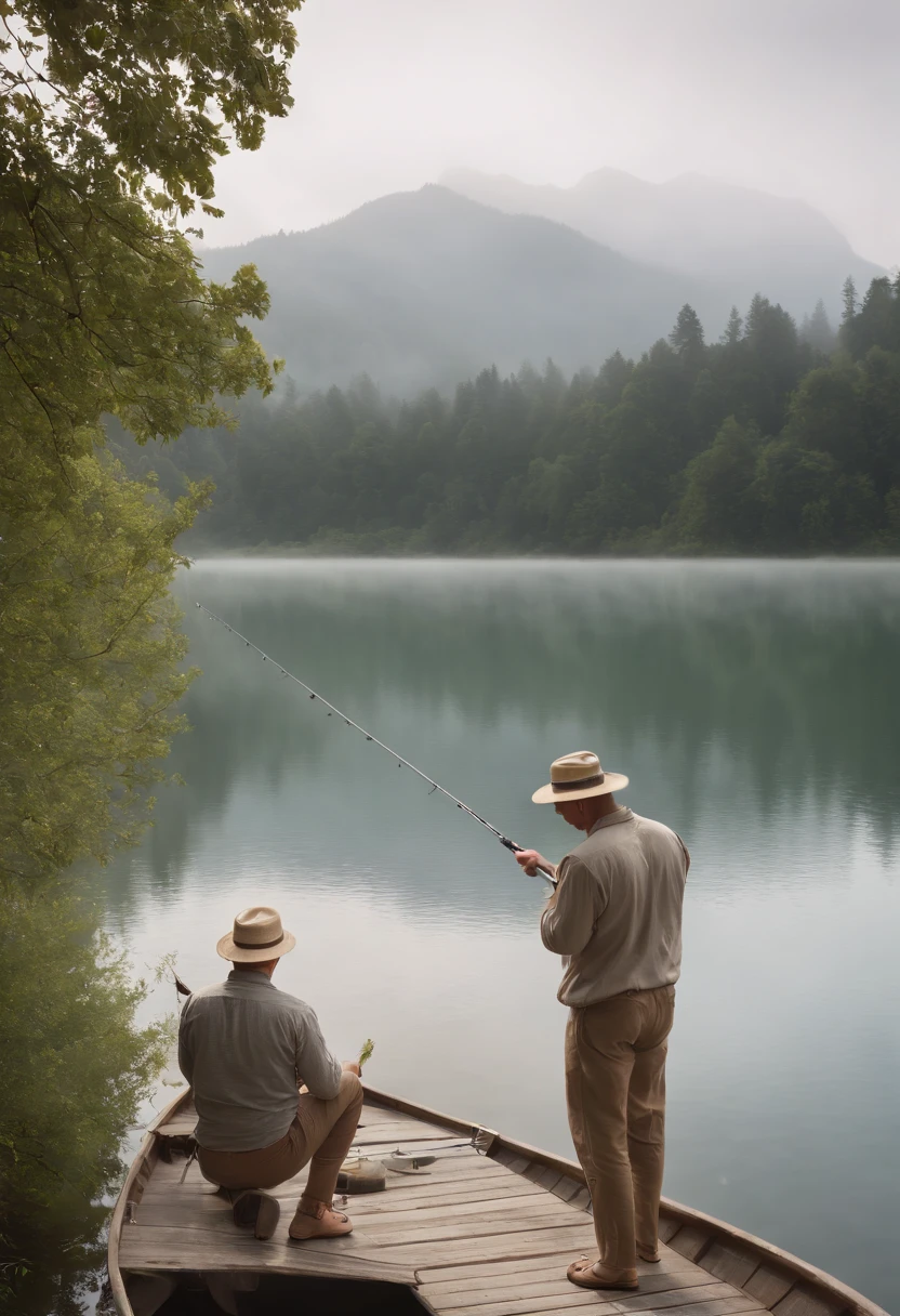 (best quality,4k,8k,highres,masterpiece:1.2),ultra-detailed,(realistic,photorealistic,photo-realistic:1.37),oil painting,shaved man,short hair,standing in a boat,holding a fishing rod,focused expression,fishing hat,fisherman,calm lake water,ripples,gentle breeze,reflecting sunlight,peaceful scenery,hint of fog,morning light,lush trees,tranquil atmosphere,majestic mountains,distant horizon,subtle reflections on the water,color palette: earth tones,soft shadows,subdued lighting