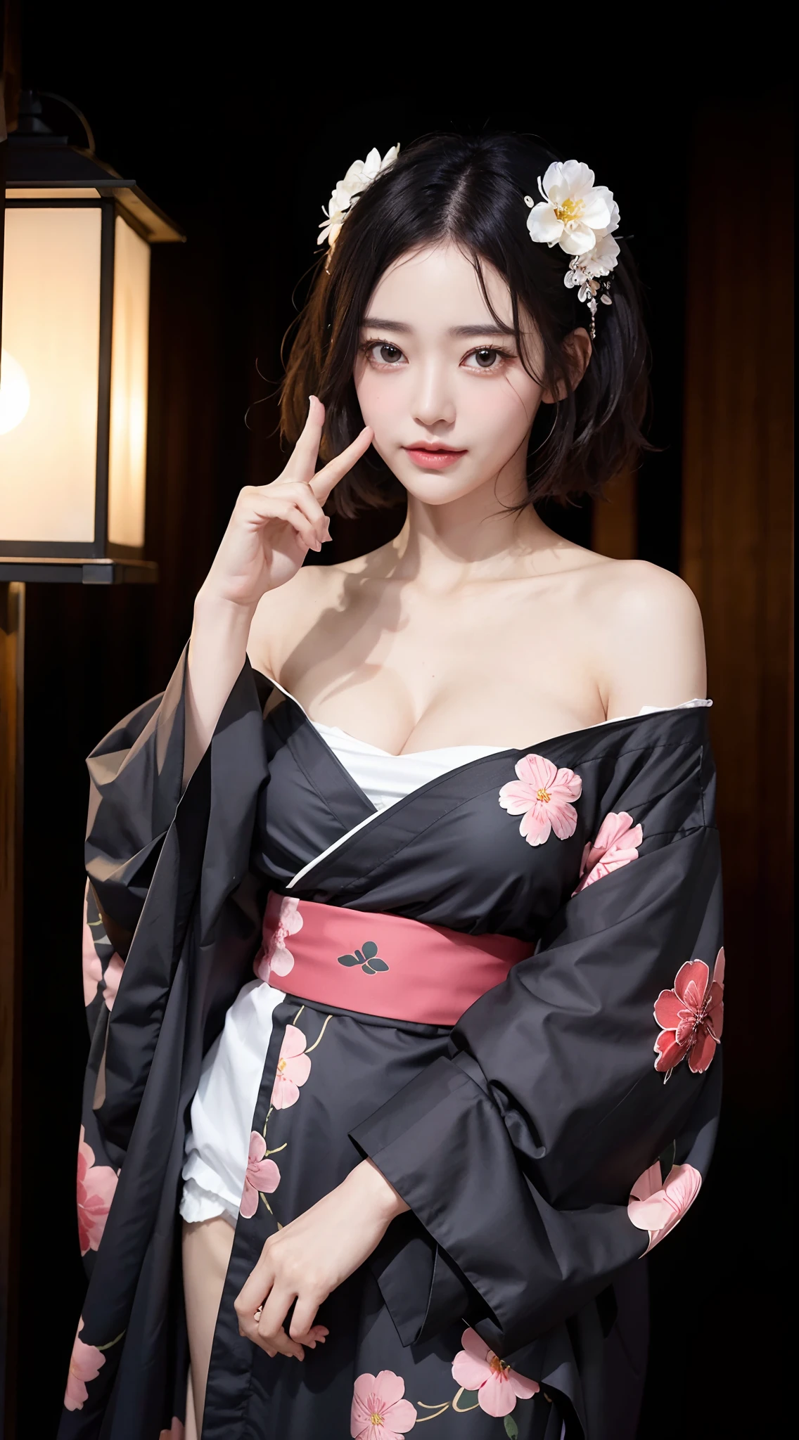 (Very sexy girl wearing sexy ukiyo-e kimono:1.3), Lightweight Bra, transparent, black头发颜色头发,, black stockings, Standing posture,Facecamea，black, ring, 4K, High resolution,looking at the camera, Near perfect, dynamic, The content is very detailed, brown, Sharp focus，Glowing Skin，Camel toe to show off your thighs!!!、
