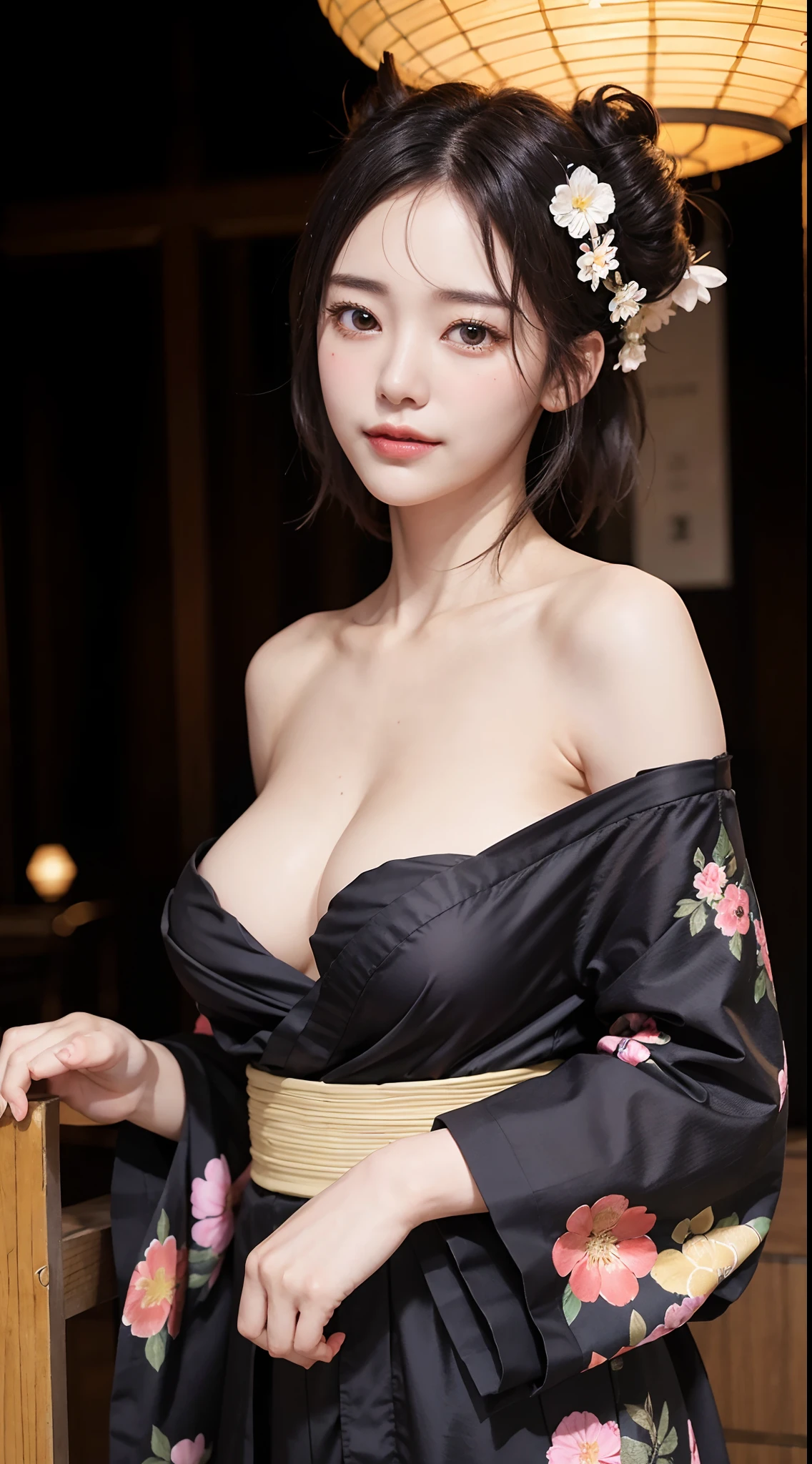1, Realistic, raw, masutepiece, 8K Photorealistic, A dark-haired, wind blown hair, Black kimono, Big Breast, Detailed finger, Detailed face, Natural Skin Texture, Standing, Night, Lantern background、A smile、short-hair、Standing like a model、Facing the front、Loose and fluffy hair、Perm Hair、Emphasize cleavage、Floral costume、sexy facial expression、sexy pose、Eroi、Large hair ornament、Large Spirals Kanzashi、Fancy hair arrangement