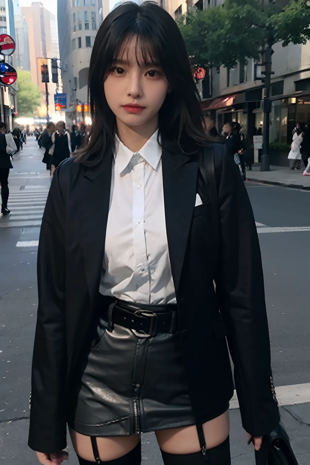 masterpiece、top-quality、The ultra -The high-definition、、colourfull、flat-colors、depth of fields、lens flare 1 girl、、A dark-haired、watching at viewers suits Cutter shirt a belt suspenders working adults materia OL Black Suit Black jacket glares huge-breasted a miniskirt garterbelts knee high stockings Black Niso