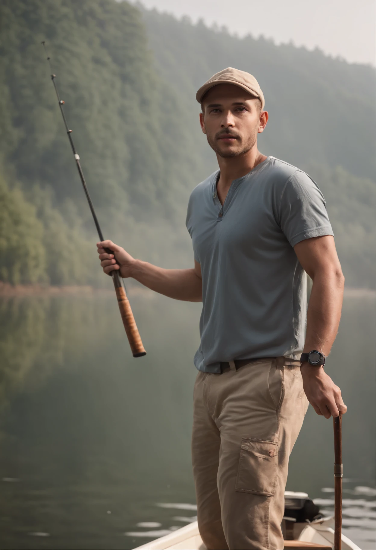 (best quality,4k,8k,highres,masterpiece:1.2),ultra-detailed,(realistic,photorealistic,photo-realistic:1.37),oil painting,shaved man,short hair,standing in a boat,holding a fishing rod,focused expression,fishing hat,fisherman,calm lake water,ripples,gentle breeze,reflecting sunlight,peaceful scenery,hint of fog,morning light,lush trees,tranquil atmosphere,majestic mountains,distant horizon,subtle reflections on the water,color palette: earth tones,soft shadows,subdued lighting