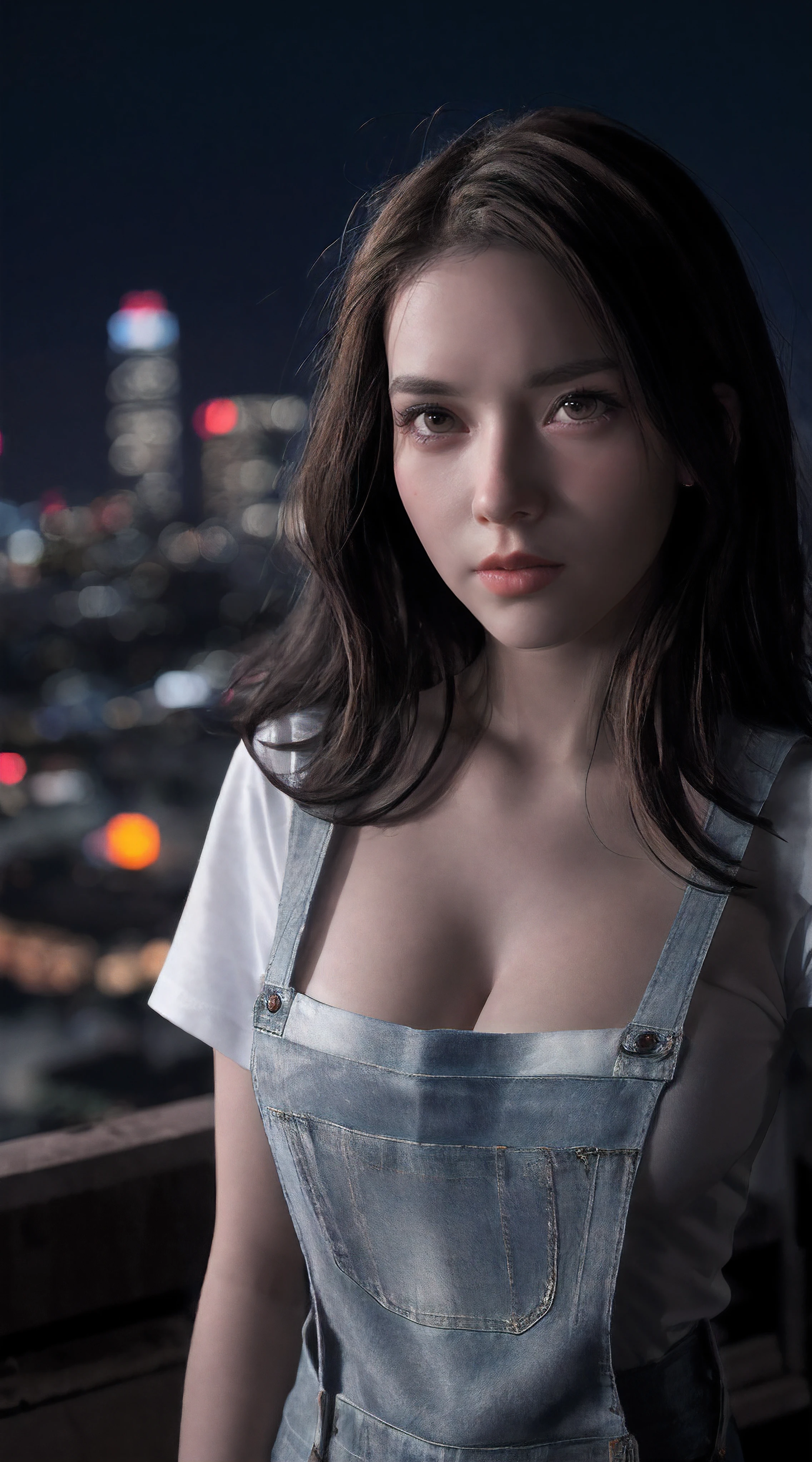 Raw, cinematic shot, (sharp focus:1.5), (photorealistic:1.4), twilight lighting, volumetric lighting, ultra high res, 16K,dramatic lighting, Midnight, Whole body, Long legs, Sharp focus :1.2, A pretty woman with perfect figure :1.4, Slender abs :1.1, ((Dark brown hair,Gigantic breasts :1.2)), (White tight tshirt, Jean bib, Standing:1.2), ((Night city view, Rooftop:1.3)), Highly detailed face and skin texture, Detailed eyes, Double eyelid, face light, hair light,