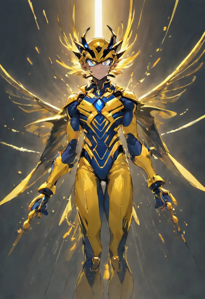 Adult male super hero, Mosquito Theme, Deep blue and golden suit color, helmet,marvel yellow jacket based, Kamen Rider based, full body model