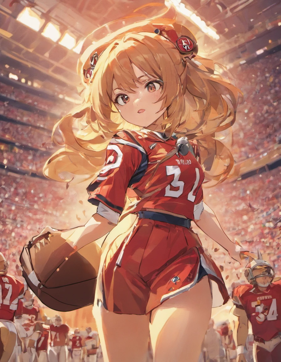 anime girl wearing an American football uniform and helmet playing for the 49ers in the nfl