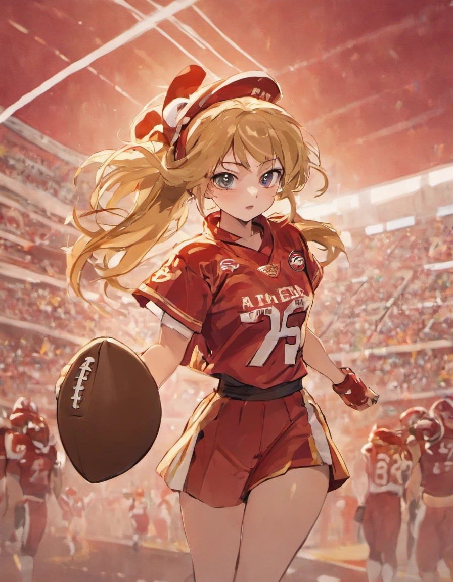 anime girl wearing an American football uniform and helmet playing for the 49ers in the nfl