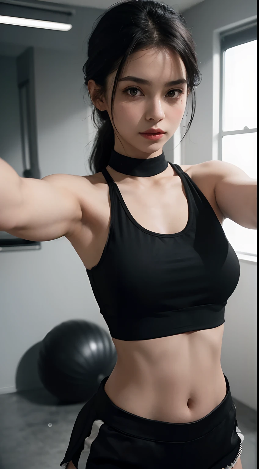 araffed woman taking a selfie in a dance studio, wearing a cropped black tank top, wearing a black cropped tank top, tight black tanktop, she is wearing a black tank top, crop top, black top, croptop, wearing crop top, wearing a sexy cropped top, tight black tank top and shorts, photo of slim girl model, wearing tank top
