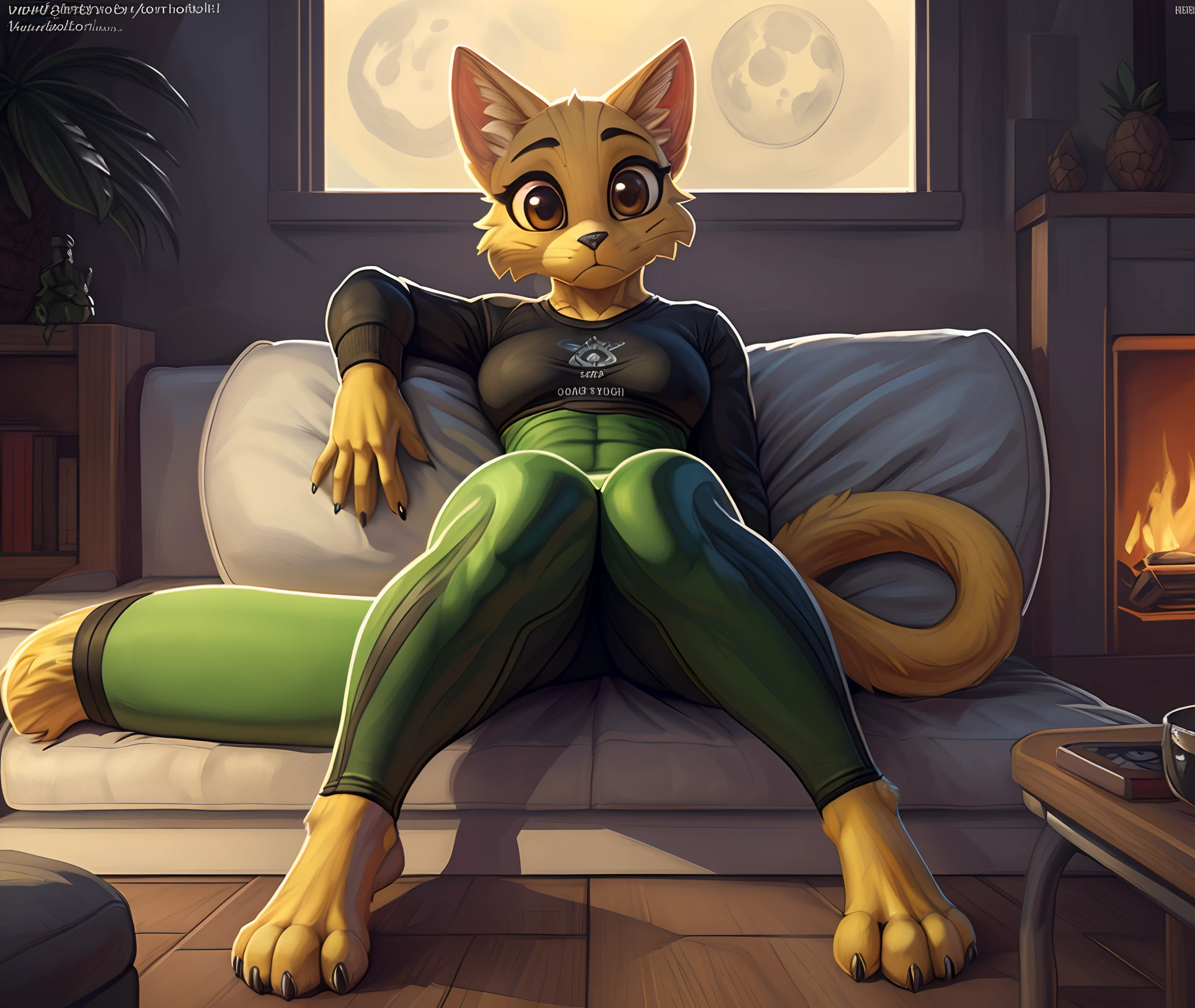 [katia managan], [Uploaded to e621.net; (Pixelsketcher), (foxovh), (wamudraws)], [(Uploaded to twitter.com); (@senip)], ((masterpiece)), ((solo portrait)), ((full body)), ((front view)), ((furry; anthro)), ((detailed fur)), ((detailed shading)), ((beautiful render art)), {anthro; yellow fur, black nose, (long yellow cat tail), (cute surprised dark brown eyes), (expressionless), (cute fang)}, {(black long sleeve shirt), (tight green spandex yoga pants), (beautiful feet), (black claws)}, {(on couch), (laying on side), (head on pillow), (looking at viewer)}, [background; (living room), (wood wall and floor), (window), (full moon), (fire place), (ambient lighting)]