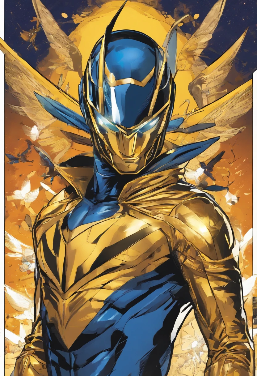 Adult male super hero, Mosquito Theme, Deep blue and golden suit color, helmet,marvel yellow jacket aesthetic, Kamen Rider aesthetic, full body model