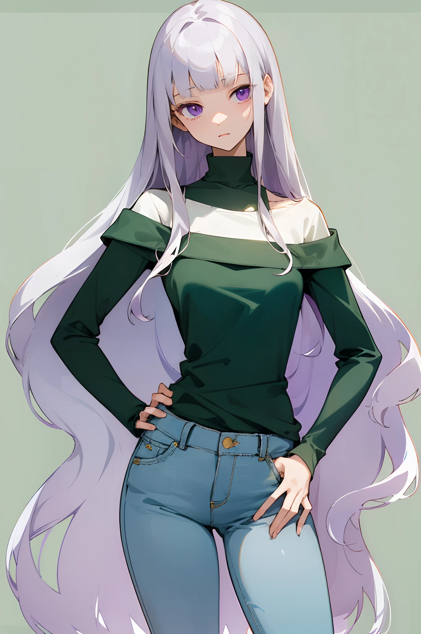 (masterpiece, best quality) detailed, 1Character , blue archive art style , pastel washed out colors , cell shade , soft, muted shades ,gentle colors , Beautiful woman , extremely long hair,pale skin , purple eyes , blunt bangs , very straight hair , slender build , silver hair , slender eyes , ,age 40, wearing an off the shoulder sweater , green jeans , lipstick, hands on hip, determined looks on her face