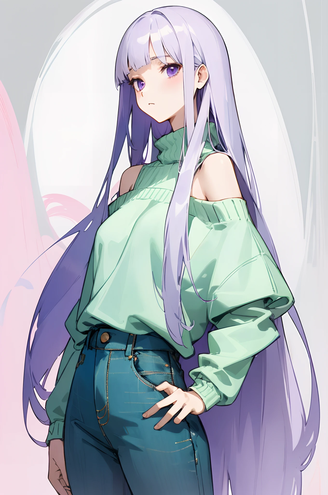 (masterpiece, best quality) detailed, 1Character , blue archive art style ,  pastel washed out colors , cell shade , soft, muted shades ,gentle colors , Beautiful woman , extremely long hair,pale skin , purple eyes , blunt bangs , very straight hair , slender build , silver hair , slender eyes ,  ￼,age 40, wearing an off the shoulder sweater , green jeans , lipstick, hands on hip, determined looks on her face
