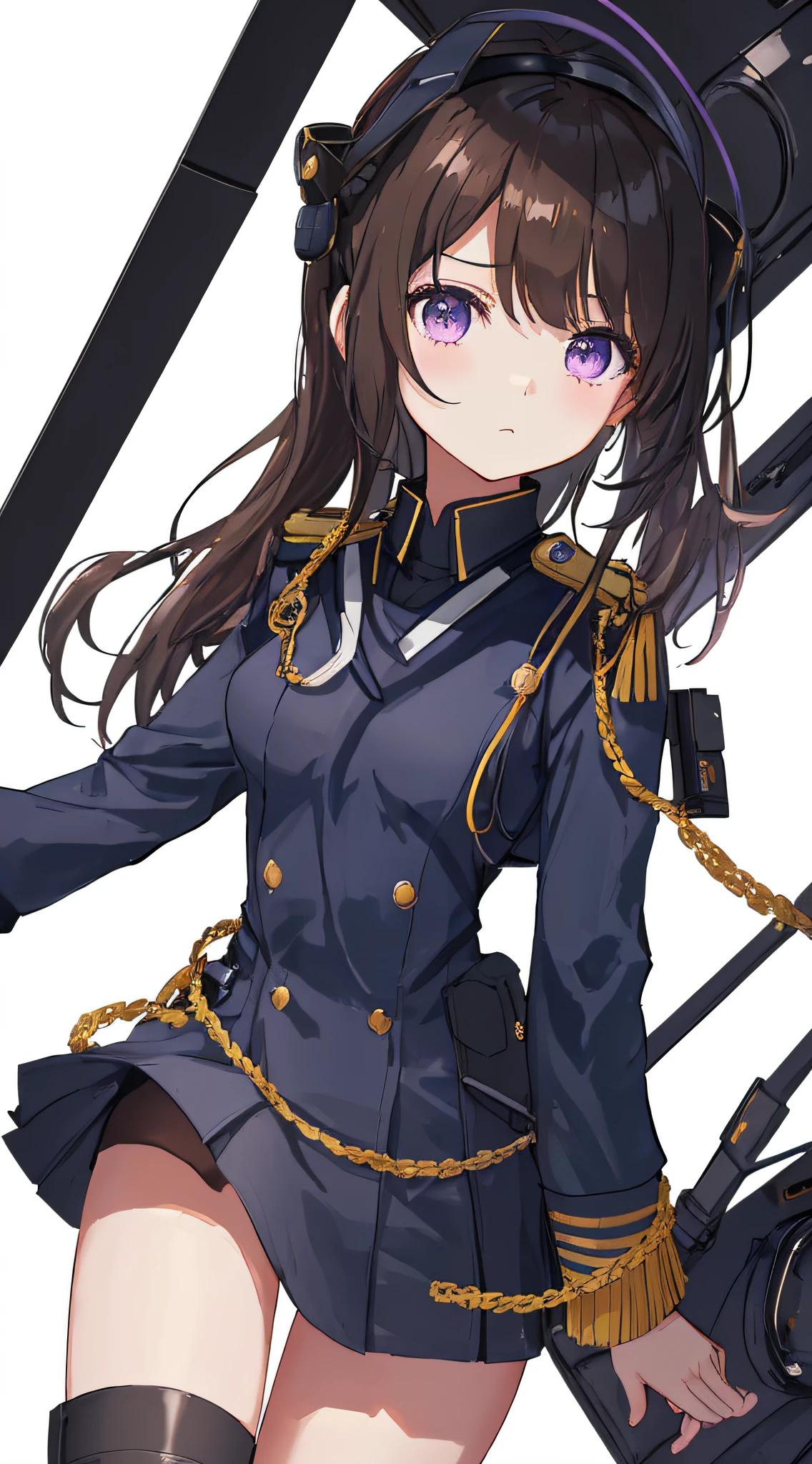 1girl, young girl, solo, a drawing of an android girl, (((loli))), ((short height)), (breasts), (((long brown hair))), ((side parted front hair)), ((purple eyes)), shy expression, (((((black and dark blue navy officer uniform))))), ((military uniform decorations)), ((fighter pilot harness)), ((headset)), (((((((white background))))))), (((no object decorations))), (((standing upright))), portrait photo, ((straight body posture)), (photoshoot), arms straight down, (looking towards viewer), sci-fi, futuristic