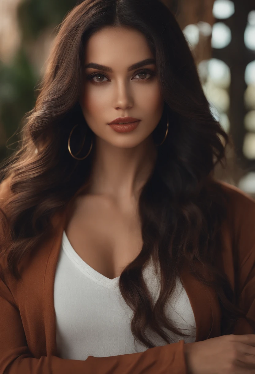 1girll, Solo, Long hair, Black hair, Written clothes, Brown eyes, looking at viewert, Beanie, Lips, Upper body, Closed mouth, shirt, Earrings, https://I.postal.CC/tCDfNDvp/Screenshot - 20230606-212445..png