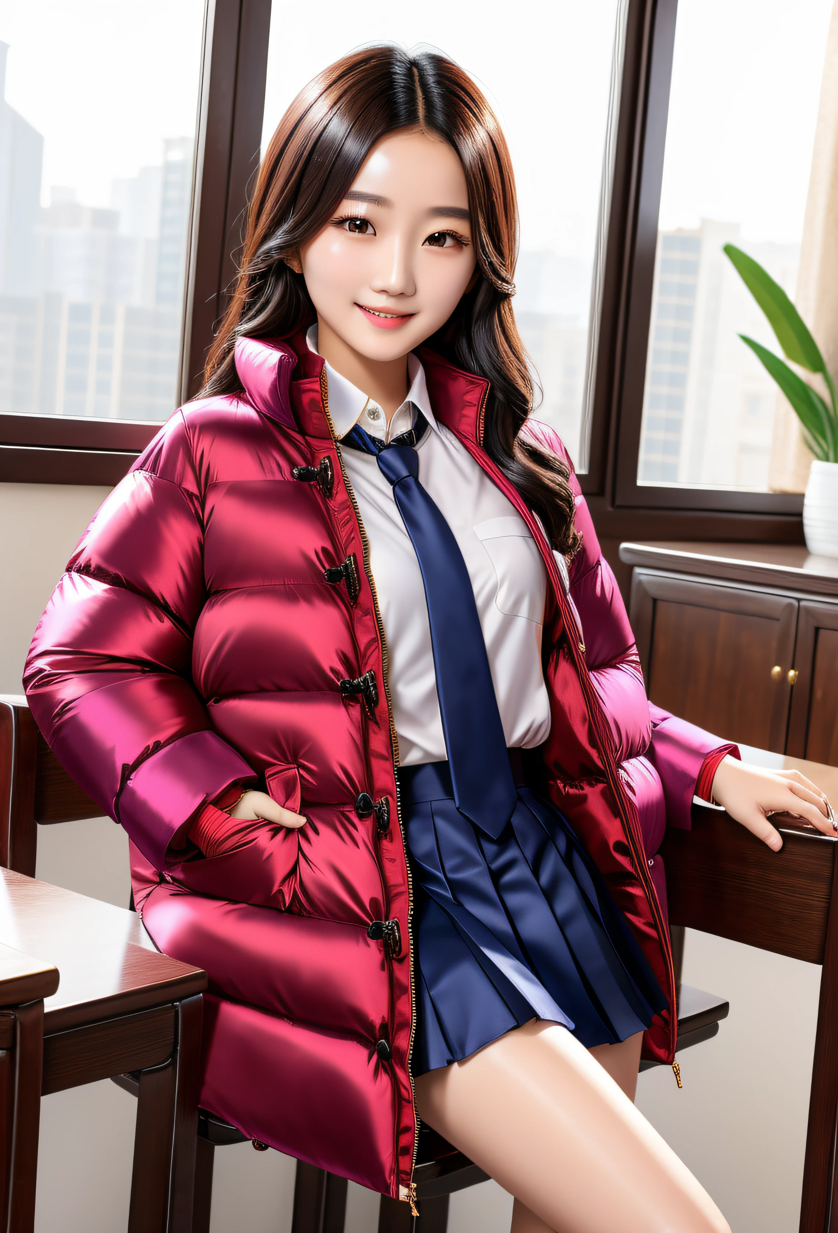 16 year old beautiful Chinese female, wearing silk puffer coat,  school uniform, silk blouse, silk tie, short dark pleated skirt, cute,masterpiece, best quality, smiling, cute, open puffer coat, silk, photorealistic, indoors