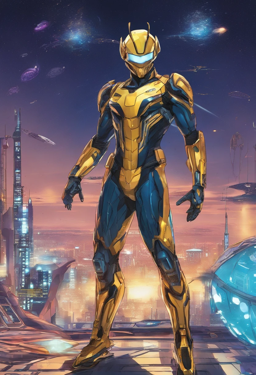 Adult male super hero, Mosquito Theme, Deep blue and golden suit color, helmet,marvel yellow jacket aesthetic, Kamen Rider aesthetic, full body model