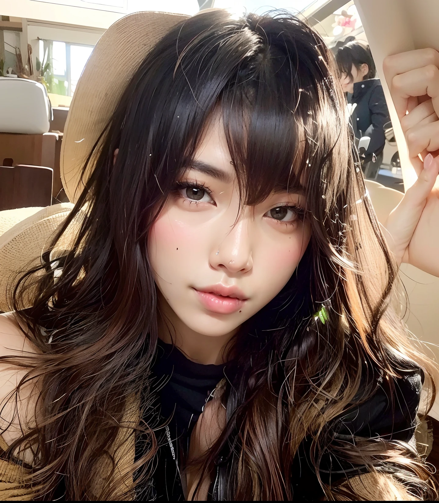 Beautiful woman, coreana com a boca carnuda, Looking directly at the camera, com um olhar sexy
