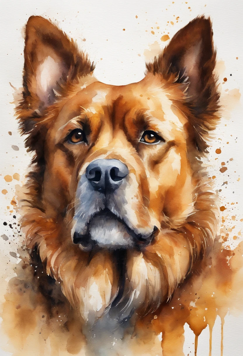 Create a realistic image of a caramel dog where its playful gaze is fixed forward and its body blends into an abstract background with different shades of brown. The blue spots in the background blend smoothly with shades of yellow