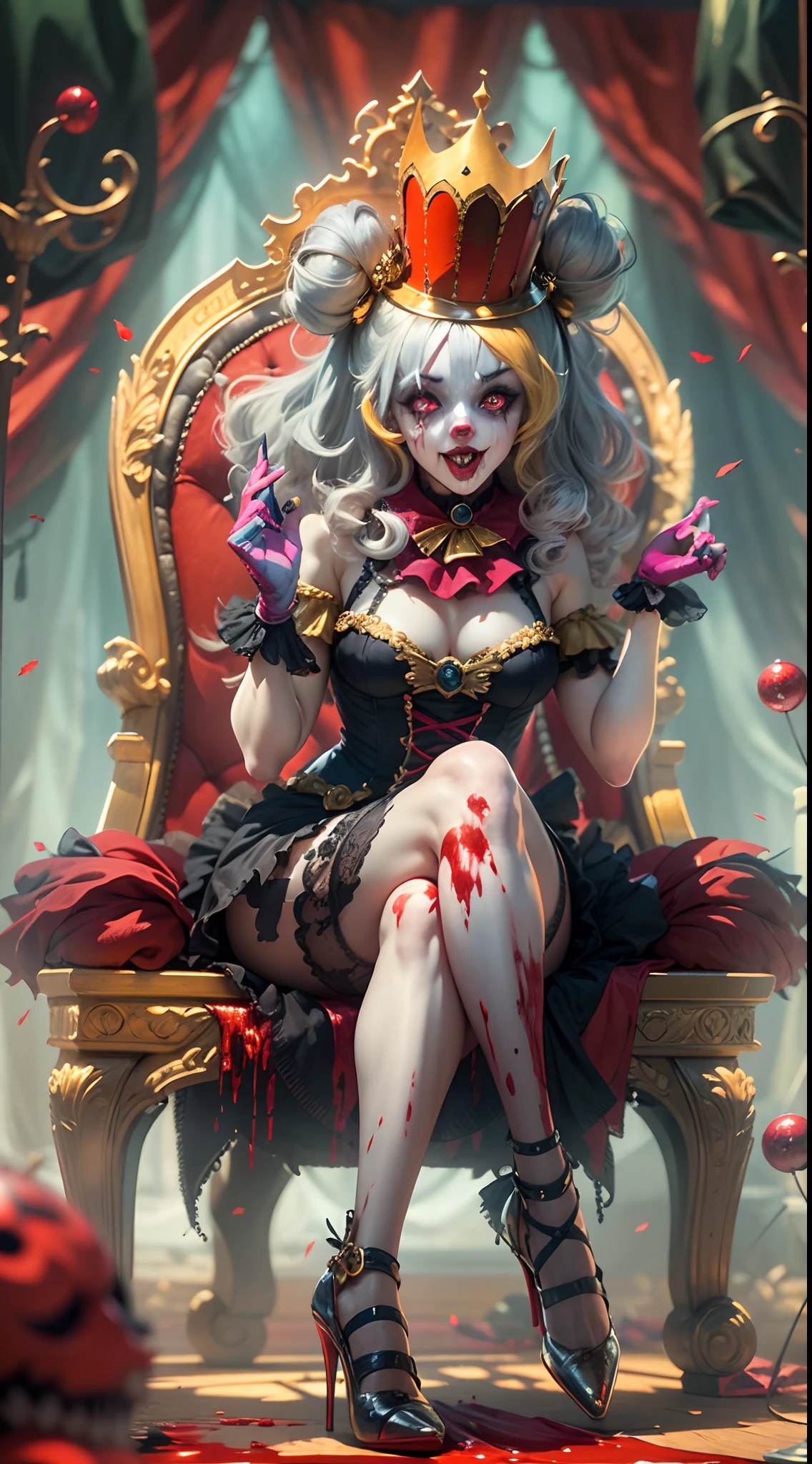 Crazy Clown Queen，sitting on golden throne,Jester cap,Clown costume, mitts,Vibrant colors, burst into laughter, dark gold hair,Cute,Horror,Wavy hair, hair-bun,high-heels。 (It's all blood)，Circus props, spooky ambiance, haunted background。style of surrealism, Sharp contrast,ominous lighting,hdr,hyper HD,Studio lighting,painting-like,Ultra-fine painting,Sharp focus,Physically-based rendering,Extreme detail description,professional,((Horror)).