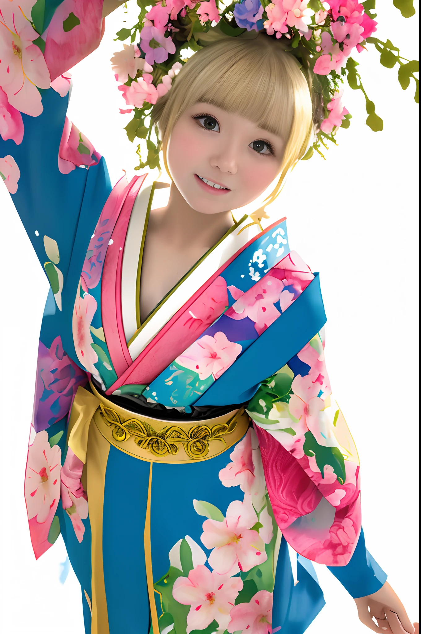 Cowboy Shot、Colorful blonde girl, portrait of a full body, in frame, Background Frame, Inside the background frame, Watercolor Clip Art, Huge flowers splash, Lush, Flowers splash, ((White background)), 4K, Sharp Focus, watercolor paiting, smooth soft skin, Japanese style, Symmetrical, Soft lighting, Detailed face, Concept art, Muted colors, Watercolor style, Fairy tales in children's style, Octane Rendering, 。.。.。.。.。.。.3D, Perfect face, Detailed face, Delicate face, Perfect sharp lips, Detailed eyes, watercolor paiting