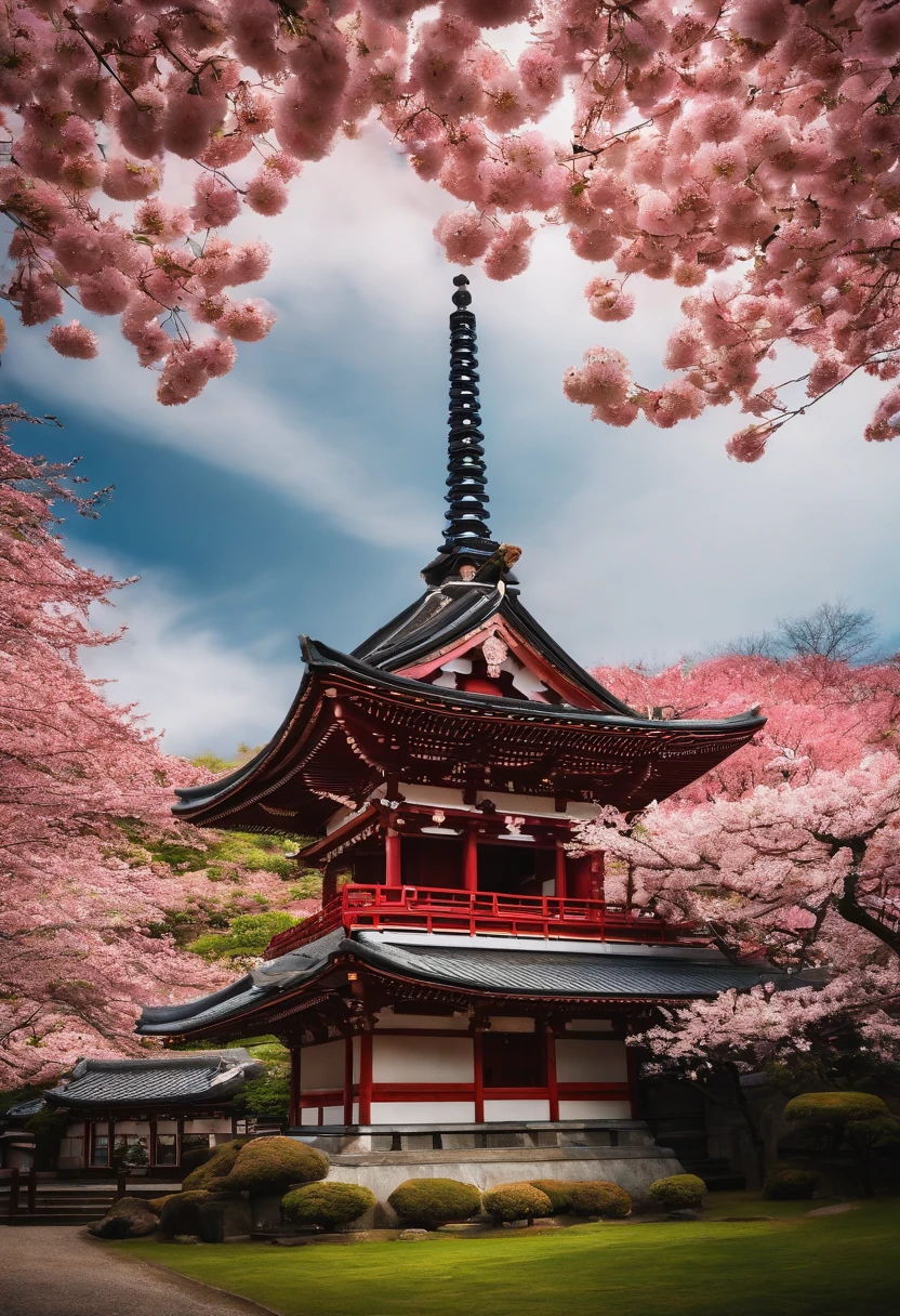 A picture of a Japanese temple surrounded by cherry blossoms in bloom